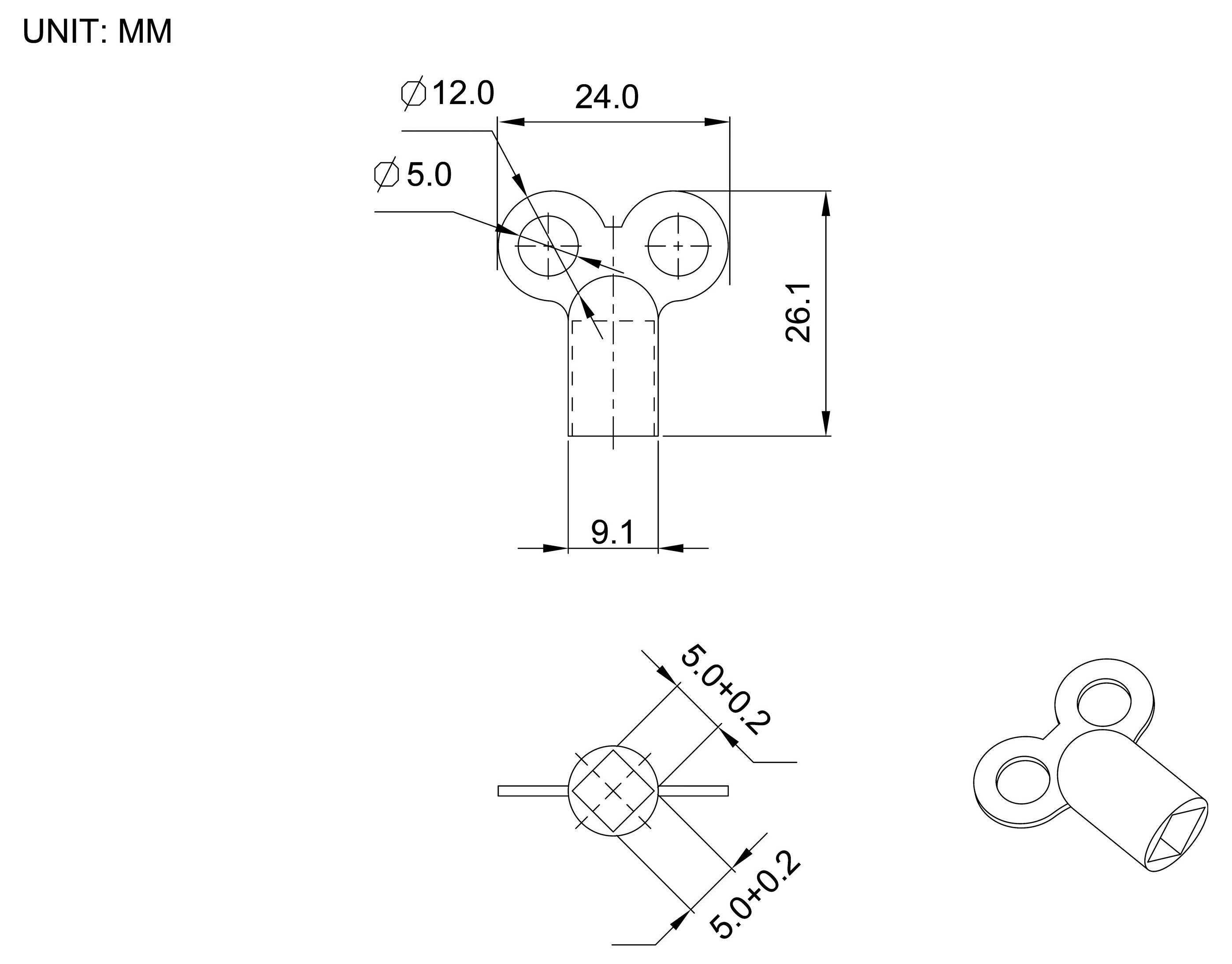Technische Zeichnung einer kleinen Metallöse/eines Metallbügels mit zwei 5-mm-Bohrungen und einer zylindrischen Welle; Abmessungen in mm angegeben.