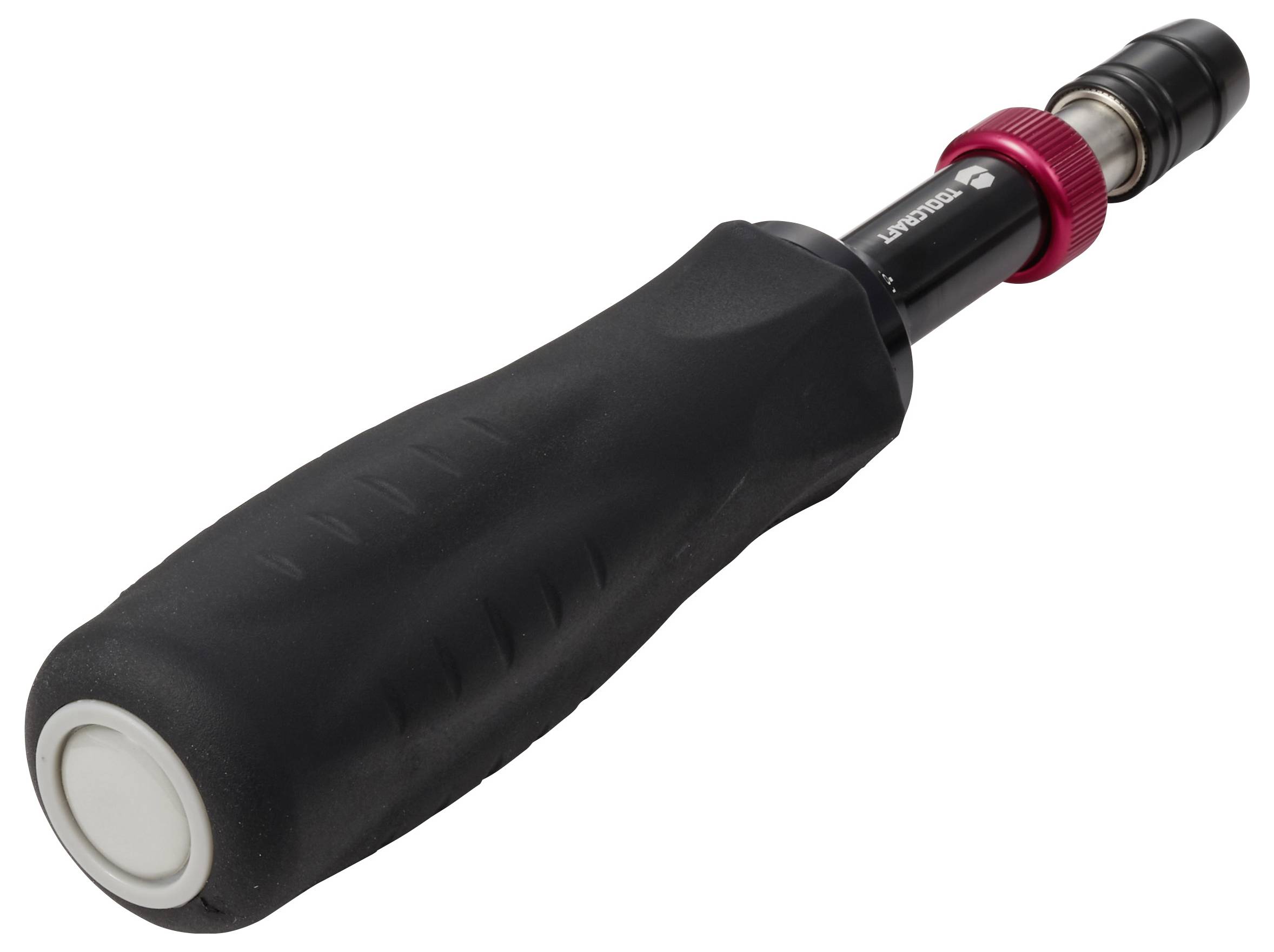 Schwarze tragbare Taschenlampe oder Inspektionsleuchte mit strukturiertem Griff, schräg auf weißem Hintergrund angeordnet.