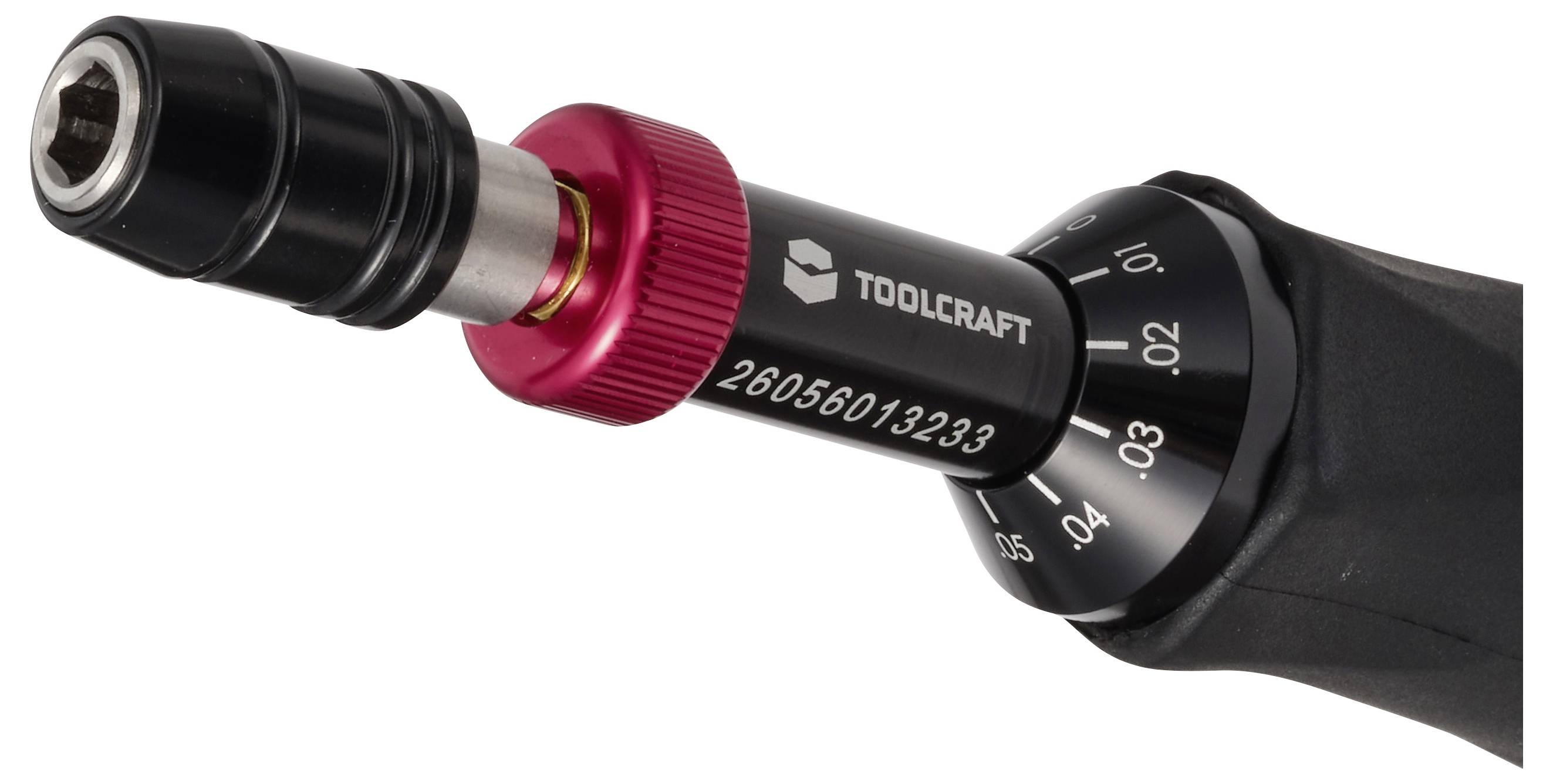 Nahaufnahme eines TOOLCRAFT-Drehmomentschlüssels mit Einstellknopf mit Zahlenskala und rotem Verriegelungsring an einem schwarzen Werkzeuggriff.