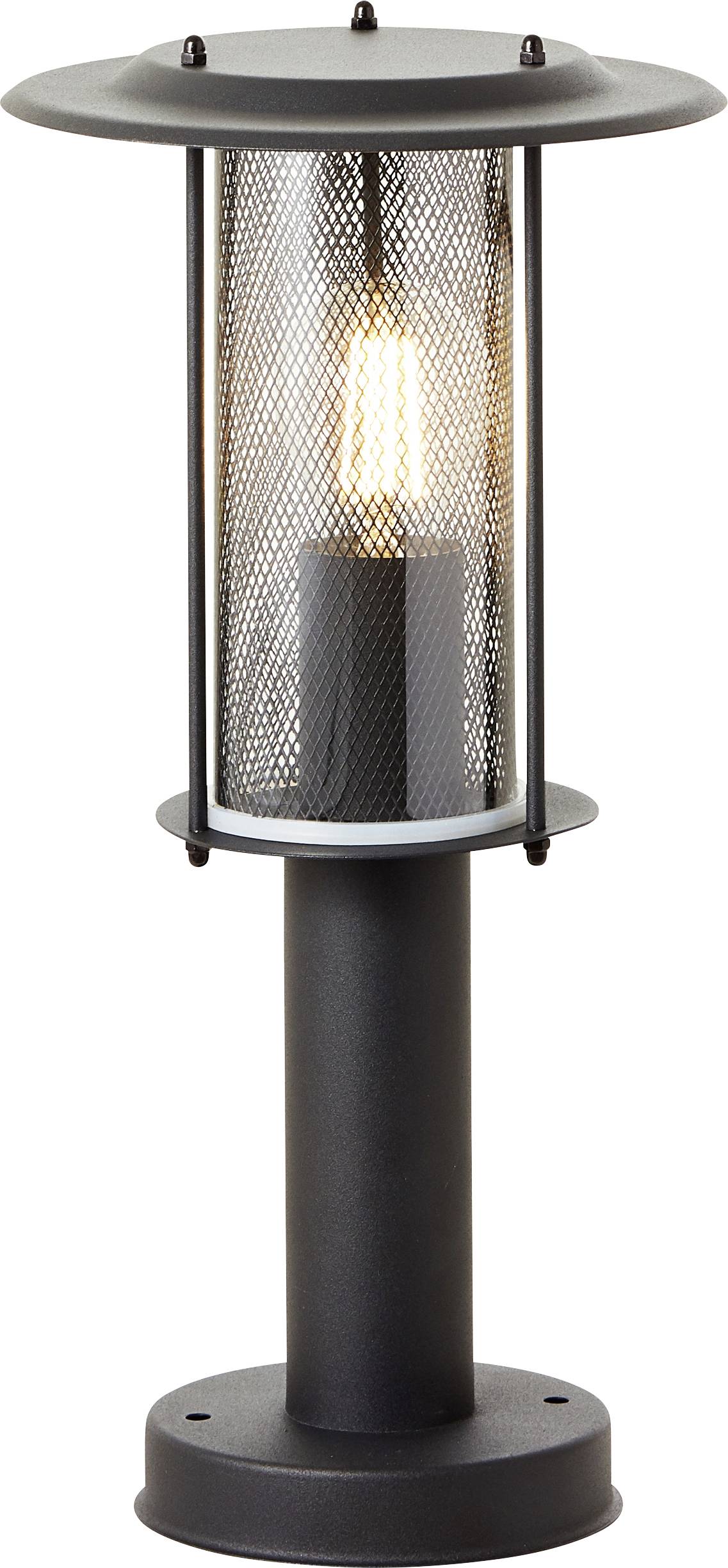 Eine moderne Außenlaterne mit zylindrischem Netzdesign und sichtbarer Glühbirne auf kreisförmiger Basis.