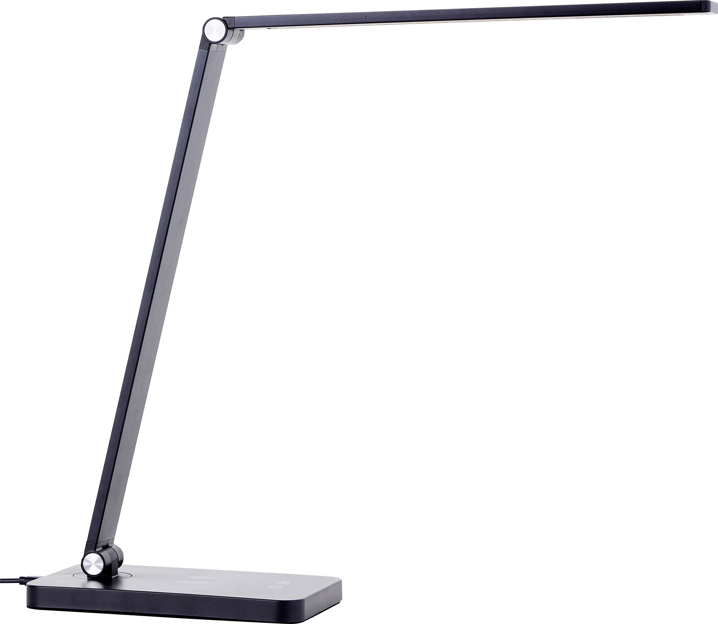 Eine elegante, schwarze Schreibtischlampe mit verstellbarem Arm und rechteckigem Sockel, entworfen für moderne Büro- oder Arbeitszimmereinrichtungen.