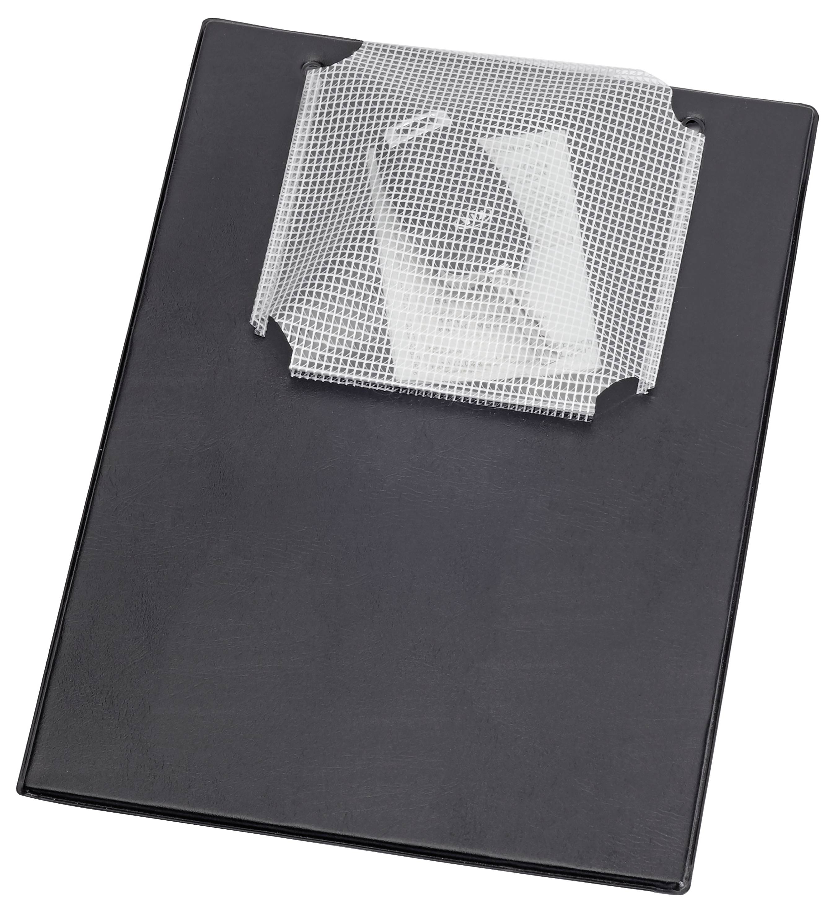 Ein schwarzes rechteckiges Objekt mit einem weißen, strukturierten, rechteckigen Patch oben angebracht, platziert auf weißem Hintergrund.