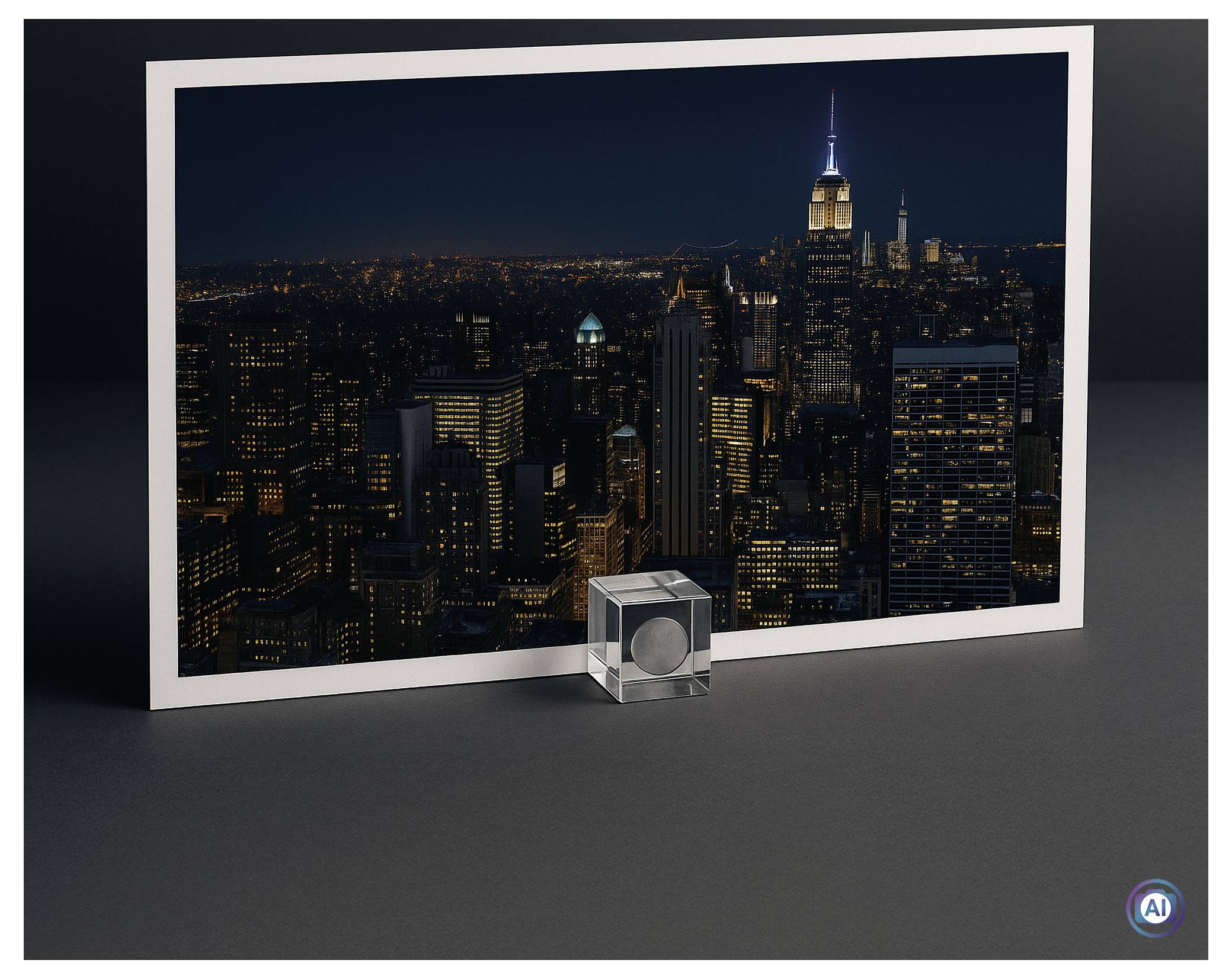 Eine gerahmte nächtliche Stadtlandschaft zeigt leuchtende Wolkenkratzer, darunter einen prominenten Turm mit einer glühenden Spitze, vor einem dunklen Himmel.