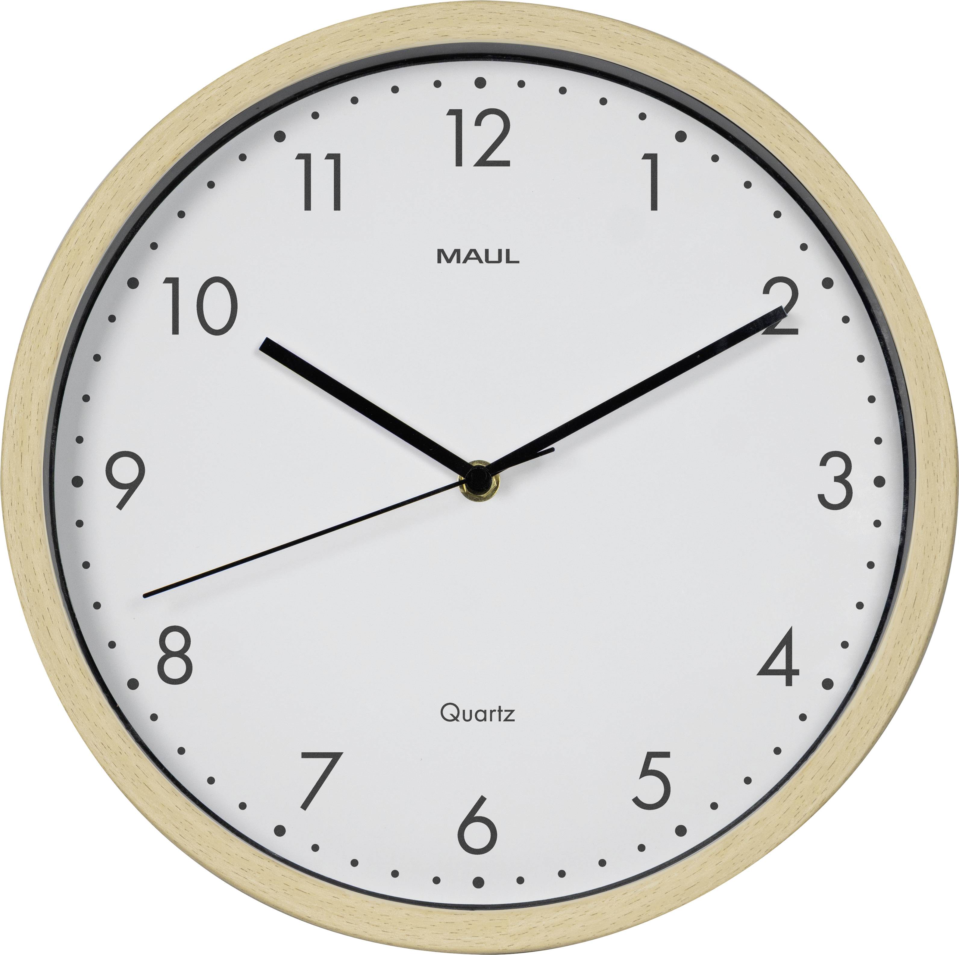 Eine runde Wanduhr mit Holzrahmen zeigt die Zeit 2:28. Das Ziffernblatt ist weiß mit schwarzen Stunden-, Minuten- und Sekundenzeigern.