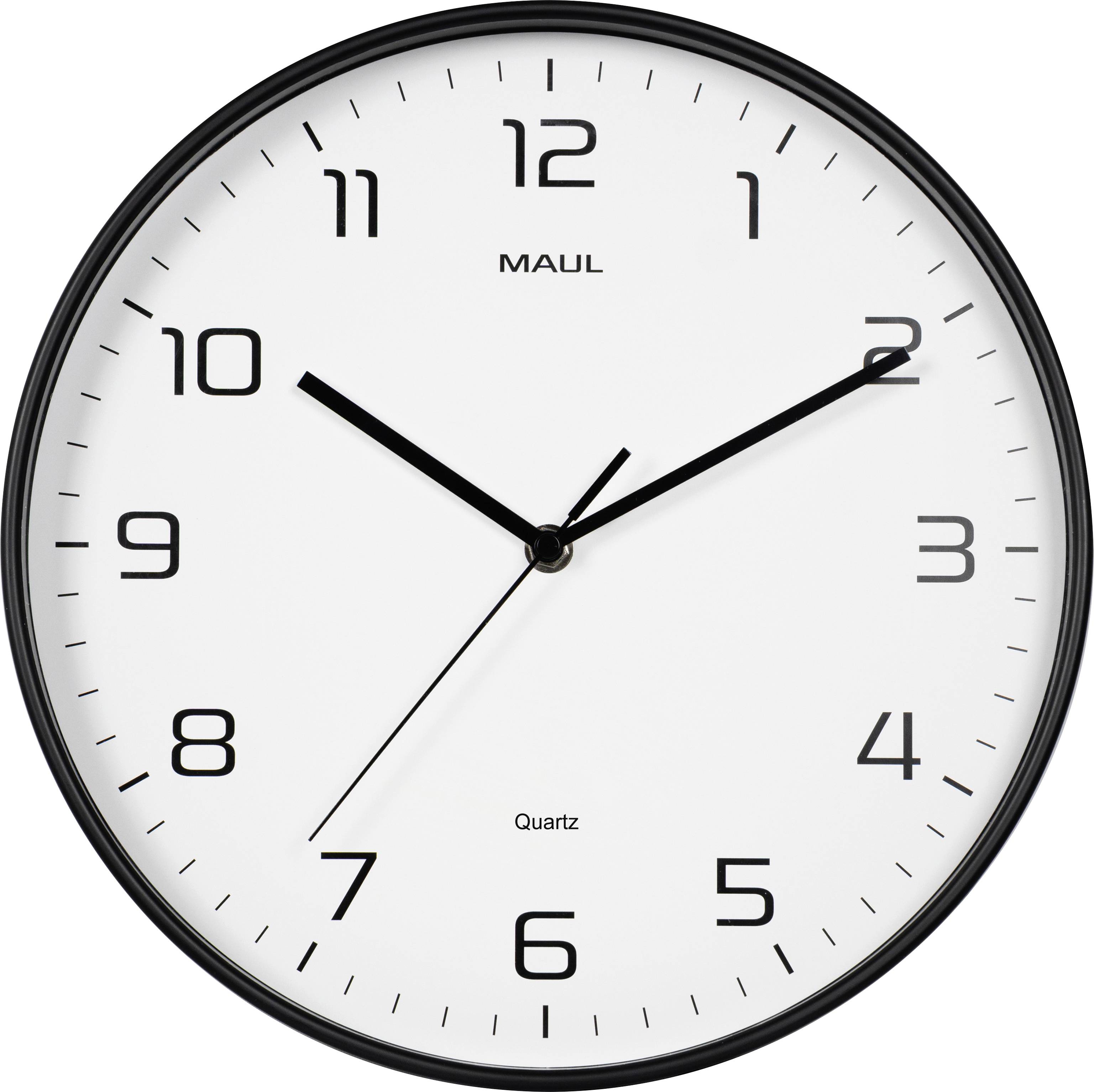 Eine runde Wanduhr mit schwarzen Ziffern und Zeigern, die die Uhrzeit 10:08 anzeigt.