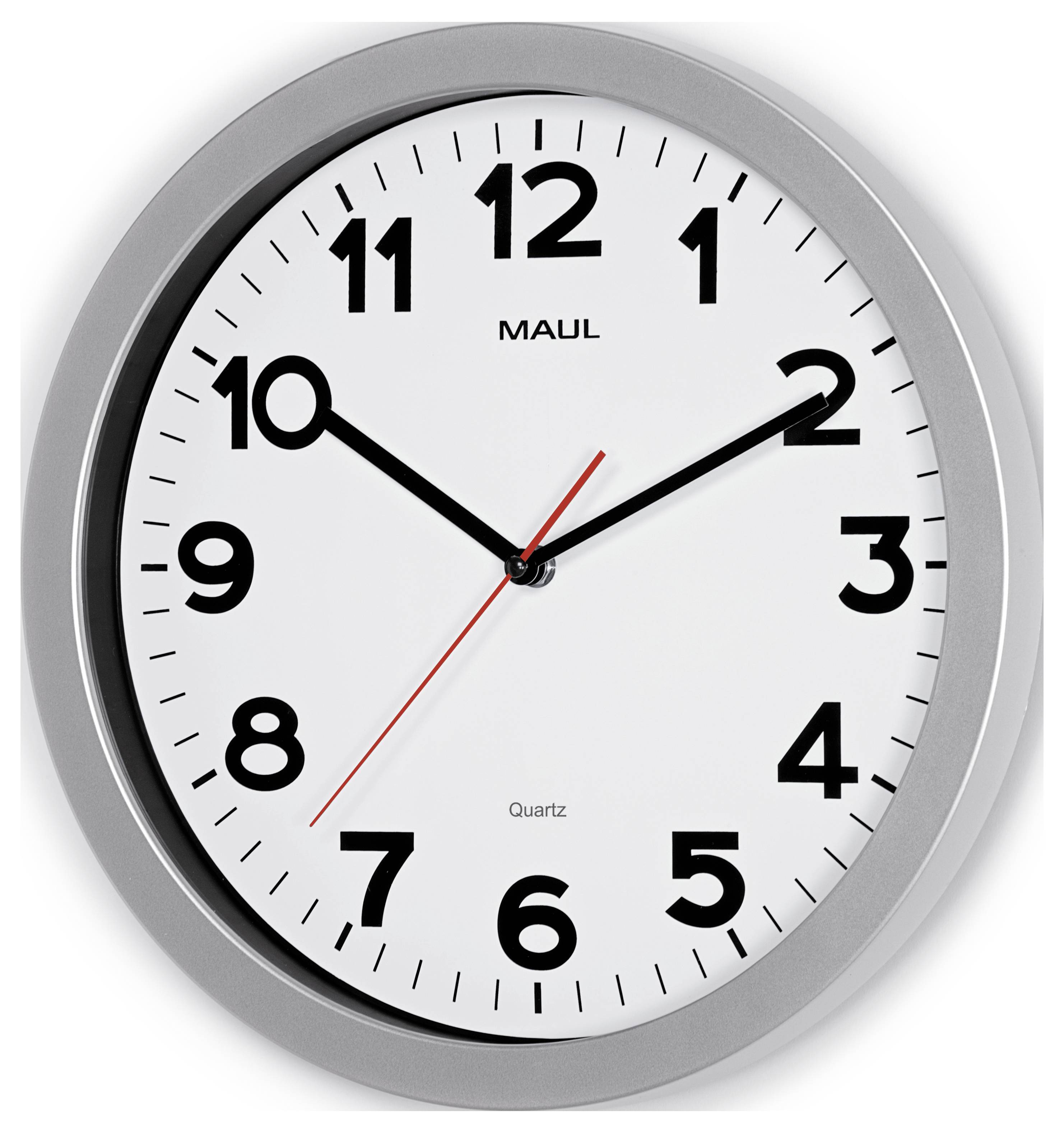 Eine runde Wanduhr, die die Zeit 10:09 anzeigt, mit weißem Zifferblatt, schwarzen Ziffern, schwarzen Stunden- und Minutenzeigern und einem roten Sekundenzeiger.