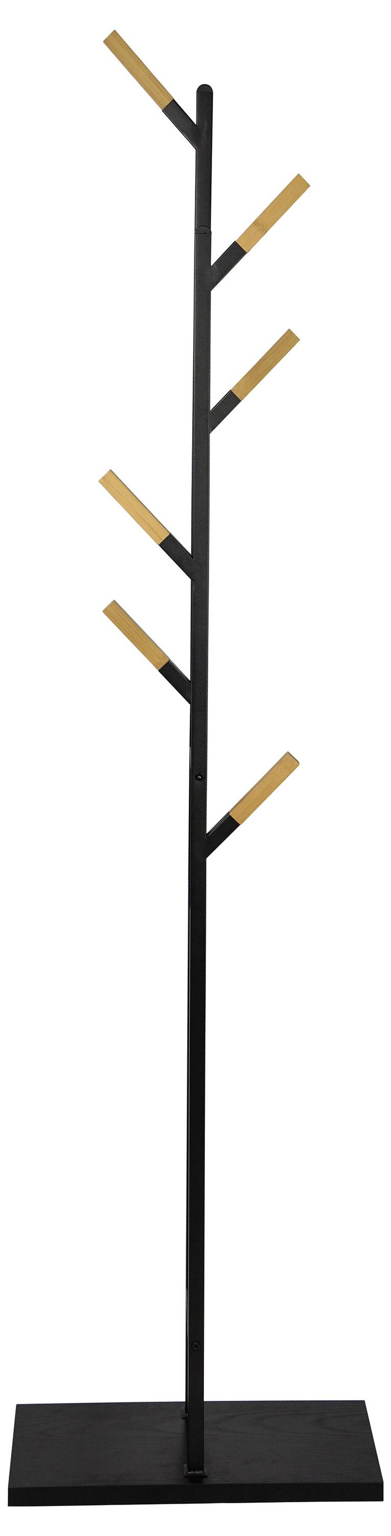 Ein Kleiderständer mit schwarzem Metallstab und Holzhaken in minimalistischem, baumähnlichem Design auf rechteckiger Basis.