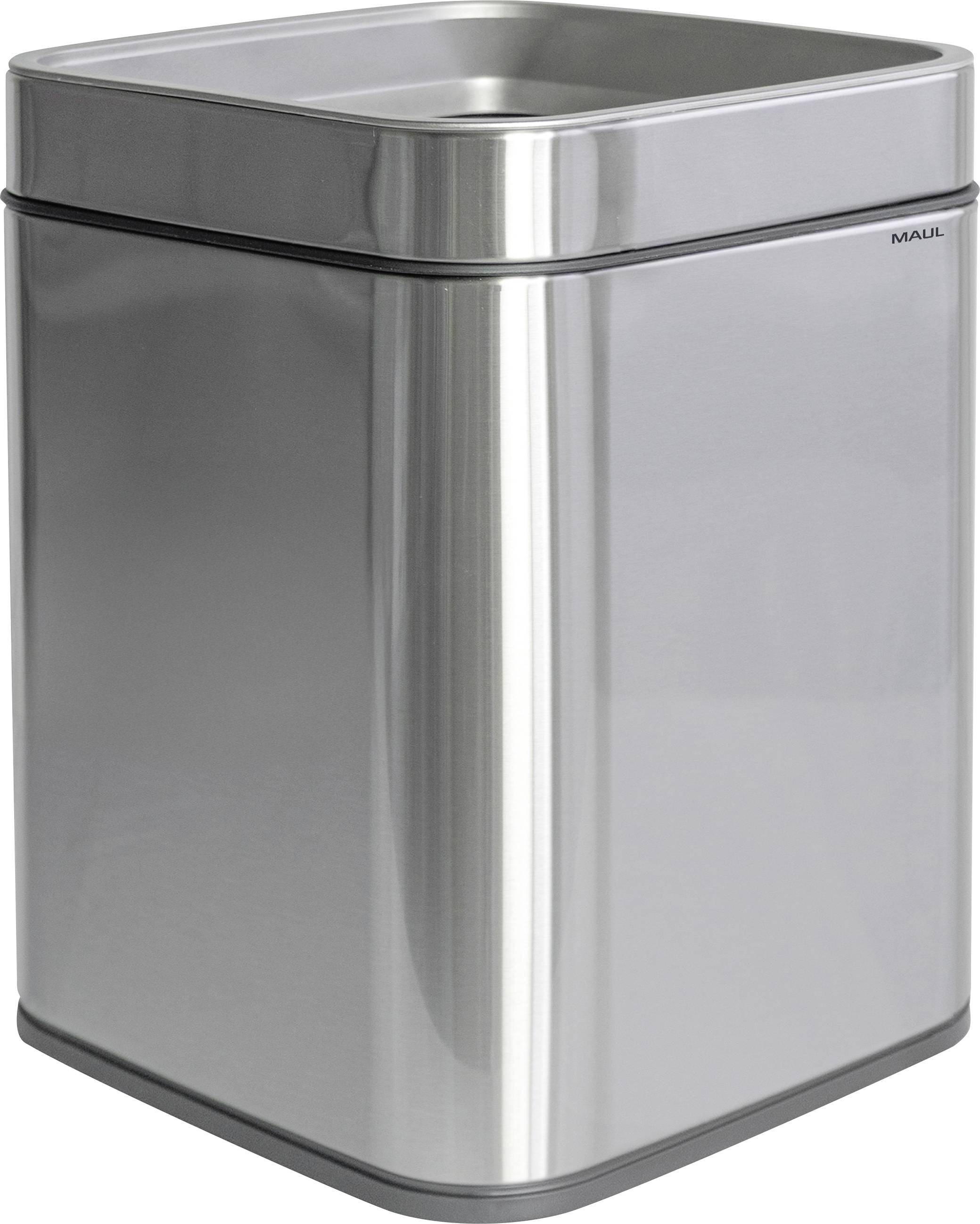 Ein eleganter, quadratischer Edelstahlmülleimer mit glatter Oberfläche und flachem Deckel, konzipiert für die moderne Nutzung im Haus oder Büro.