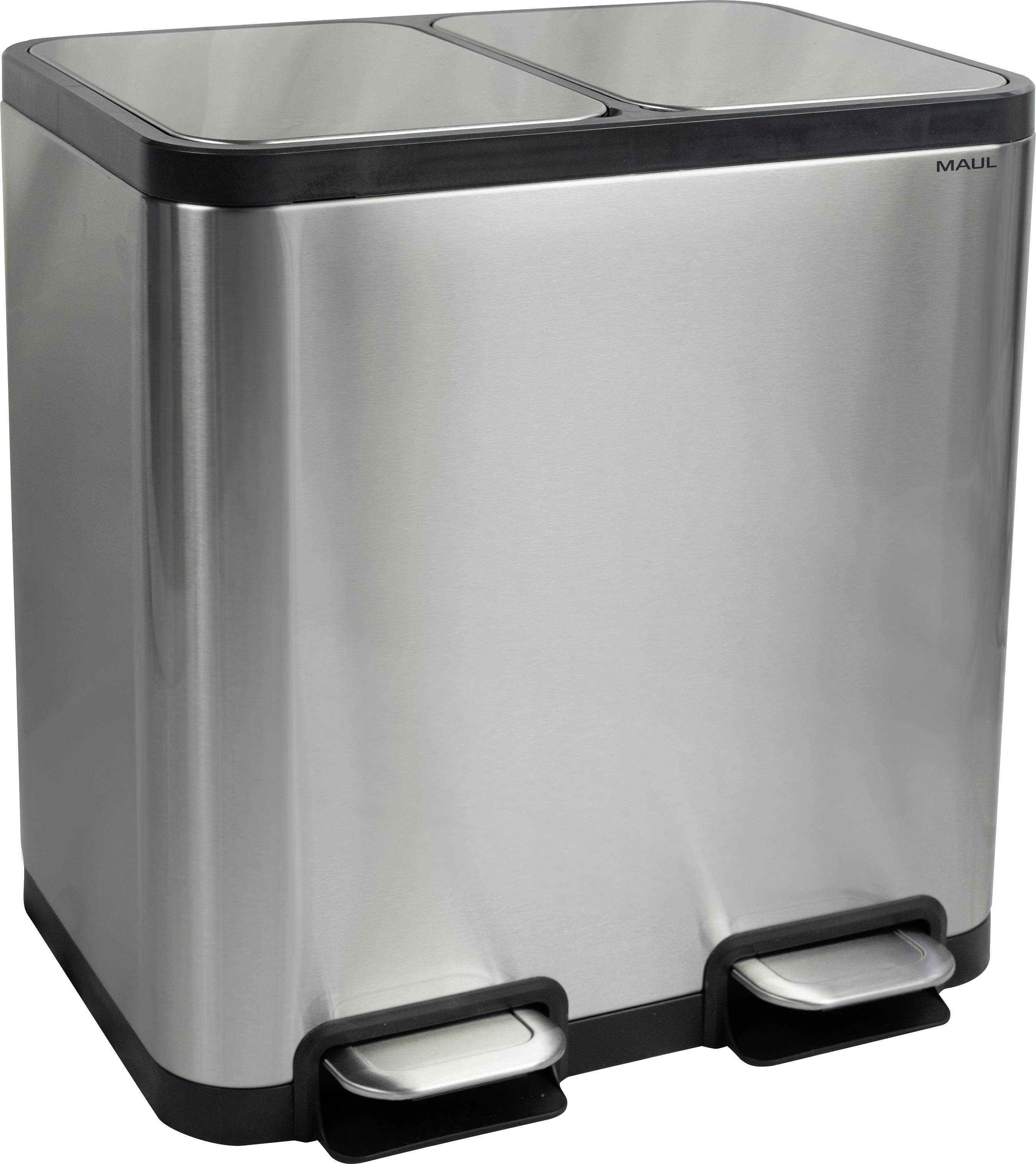 Ein zweiteiliger Edelstahl-Recycling-Behälter mit zwei Fußpedalen für berührungslose Bedienung.