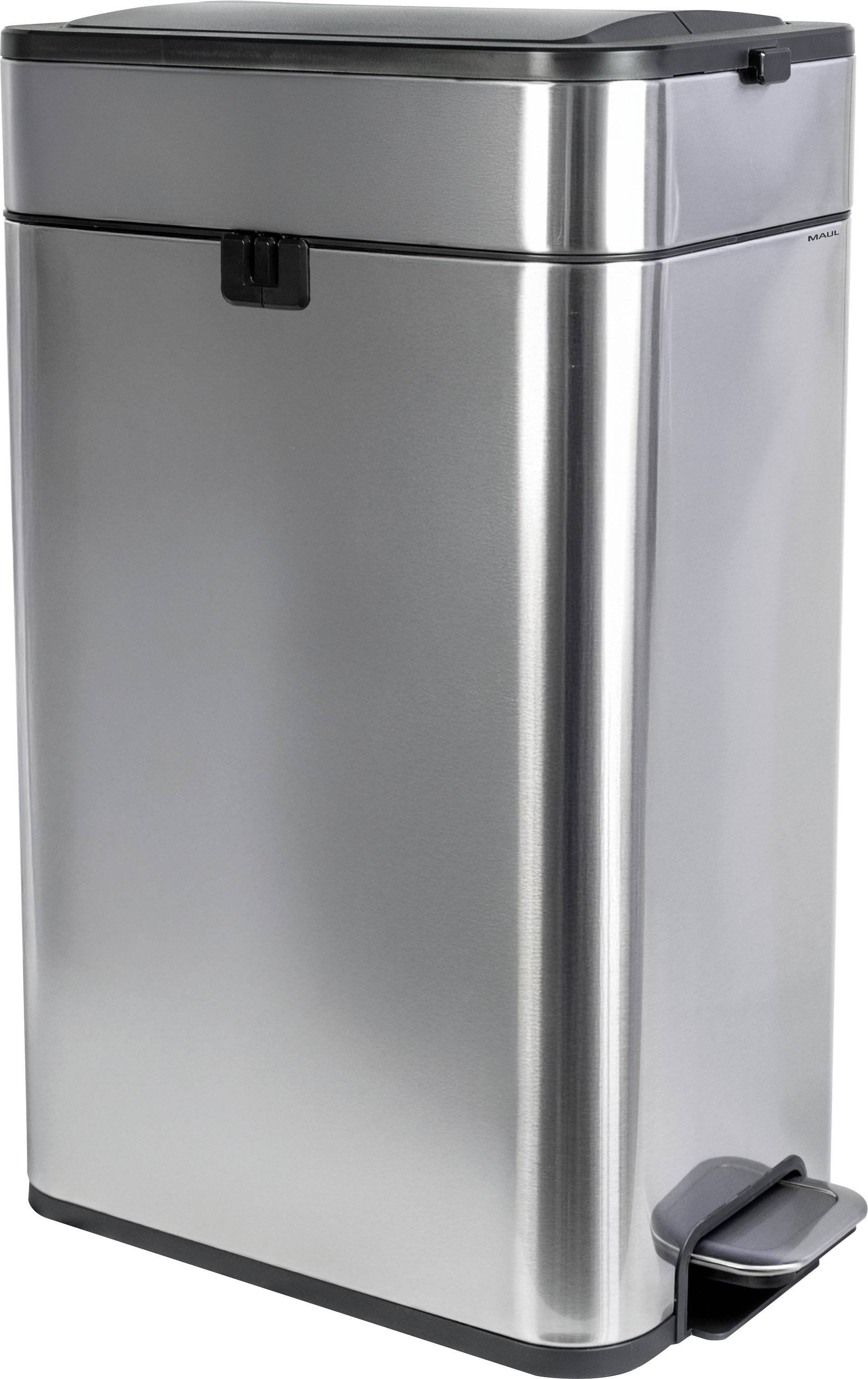 Ein Edelstahl-Mülleimer mit Fußpedal, rechteckiger Form und Klappdeckel, entwickelt für berührungslose Abfallwirtschaft in einer modernen Küche.