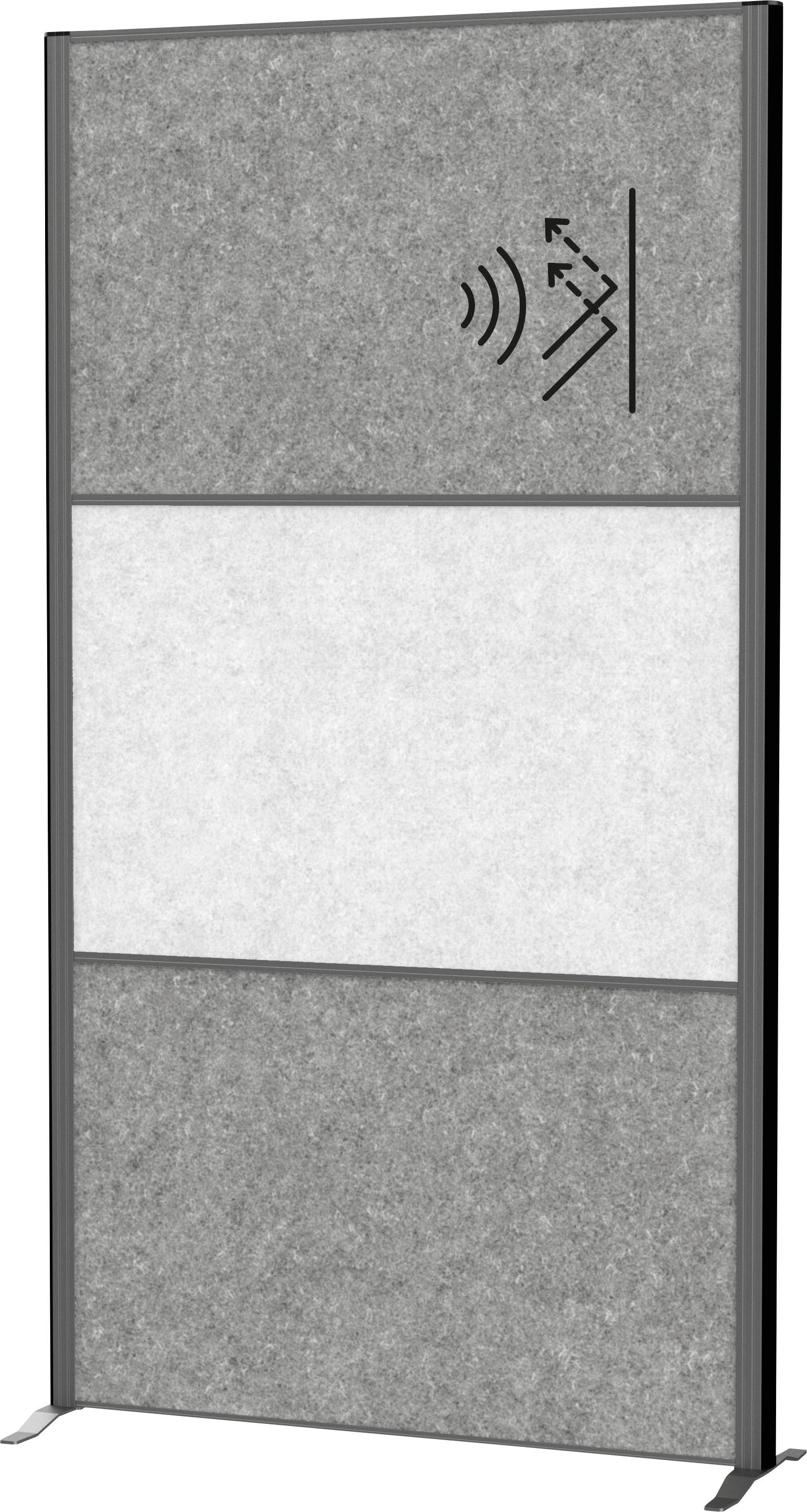 Akustikplatte mit drei Abschnitten: oben und unten grauer Stoff, Mitte weiß. In der oberen Ecke befindet sich ein Schallwellen- und Pfeilsymbol.