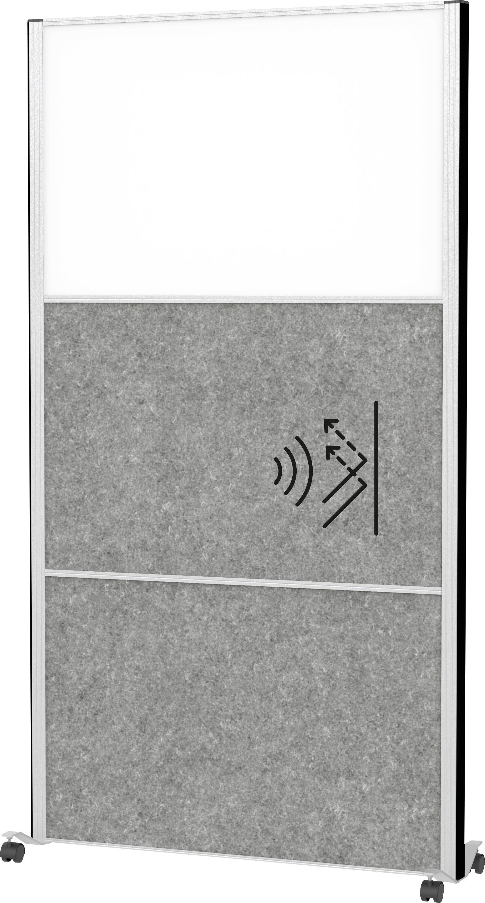 Freistehende schalldämmende Platte mit weißer Oberseite und grauem Stoffboden, mit einem Schallwellensymbol, das akustische Eigenschaften anzeigt.