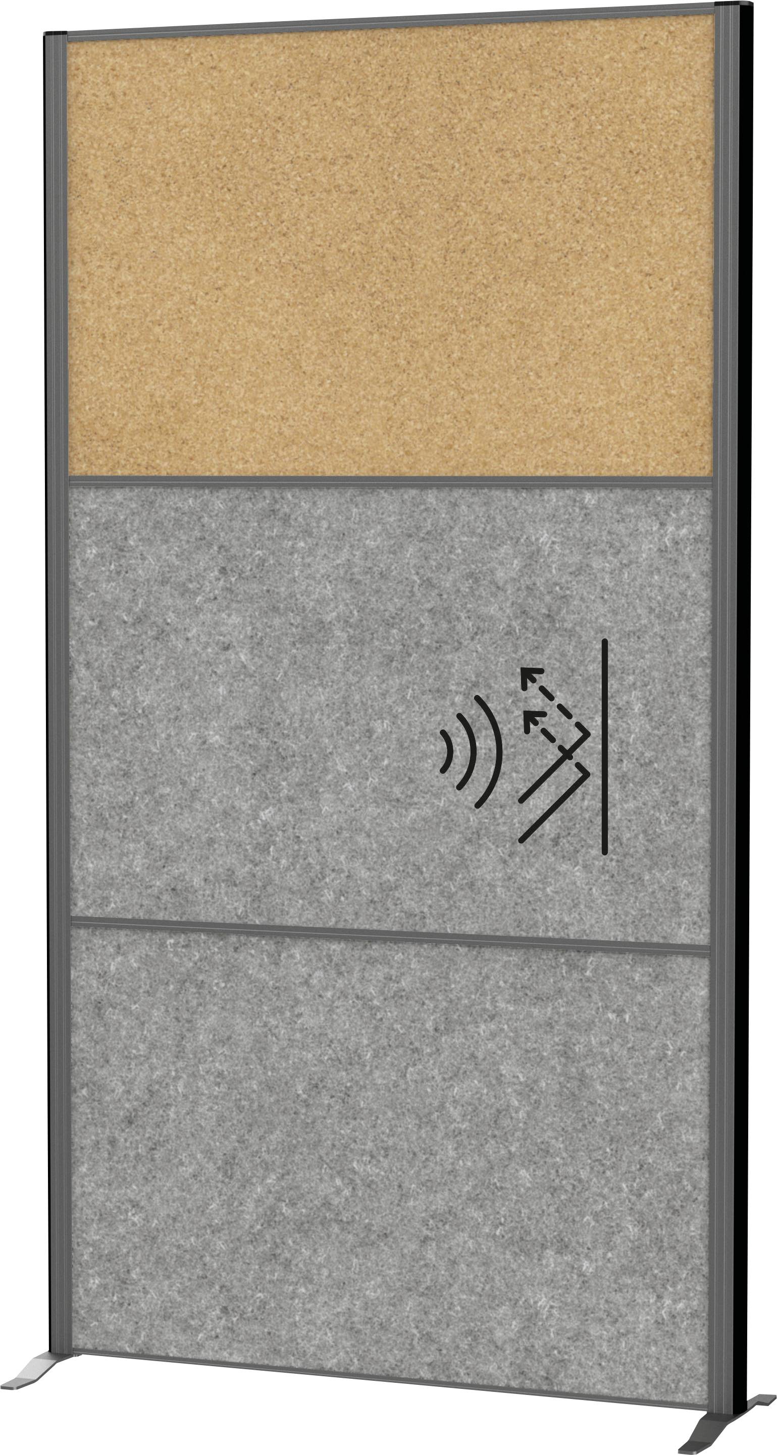 Eine beige und graue Trennwand mit einem Wireless-Symbol. Wird zur Schallabsorption und Raumaufteilung in Büros verwendet.