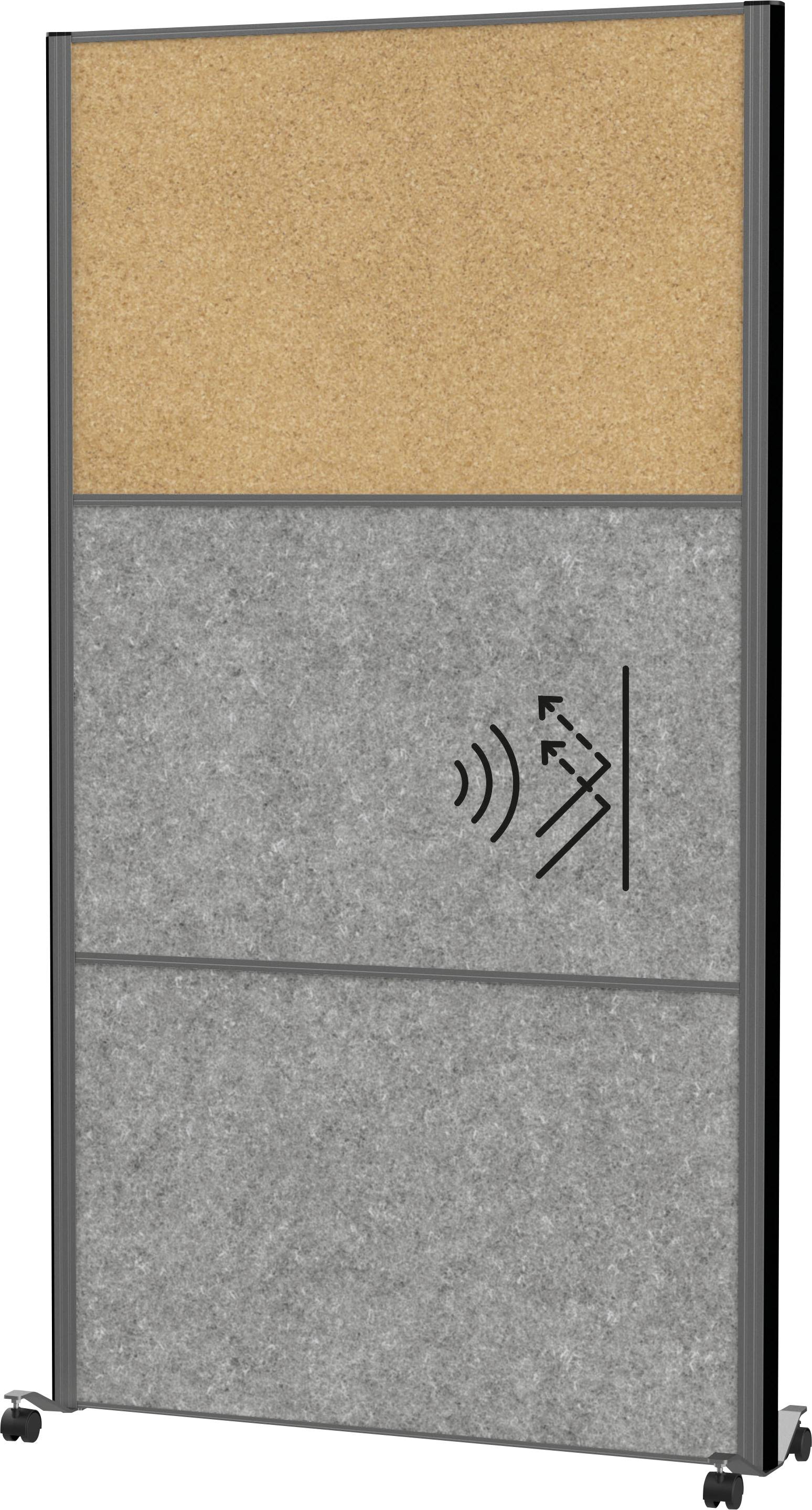 Eine bewegliche Trennwand mit zwei grauen akustischen Paneelen und einem Korkbrettbereich. Ein Symbol eines Lautsprechers mit Schallwellen befindet sich auf dem grauen Paneel.