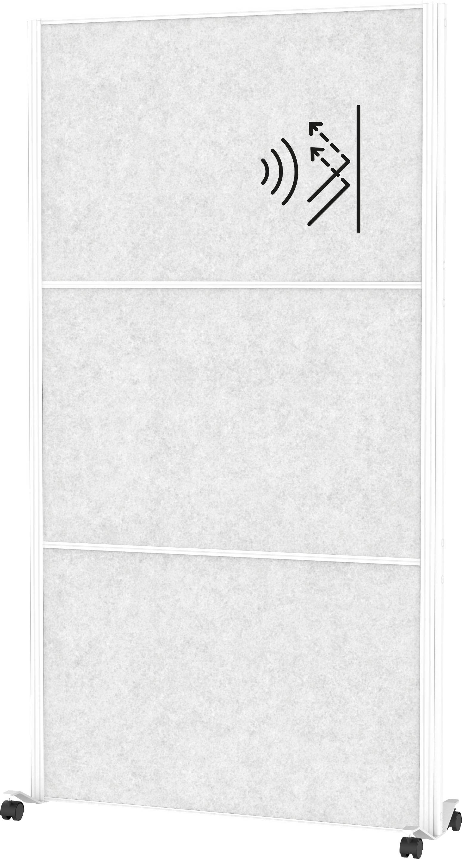 Ein Panel mit drei Abschnitten und einem Schallalert-Symbol, auf Rädern montiert für Mobilität, das auf Funktionalität im Zusammenhang mit Sound oder Kommunikation hinweist.