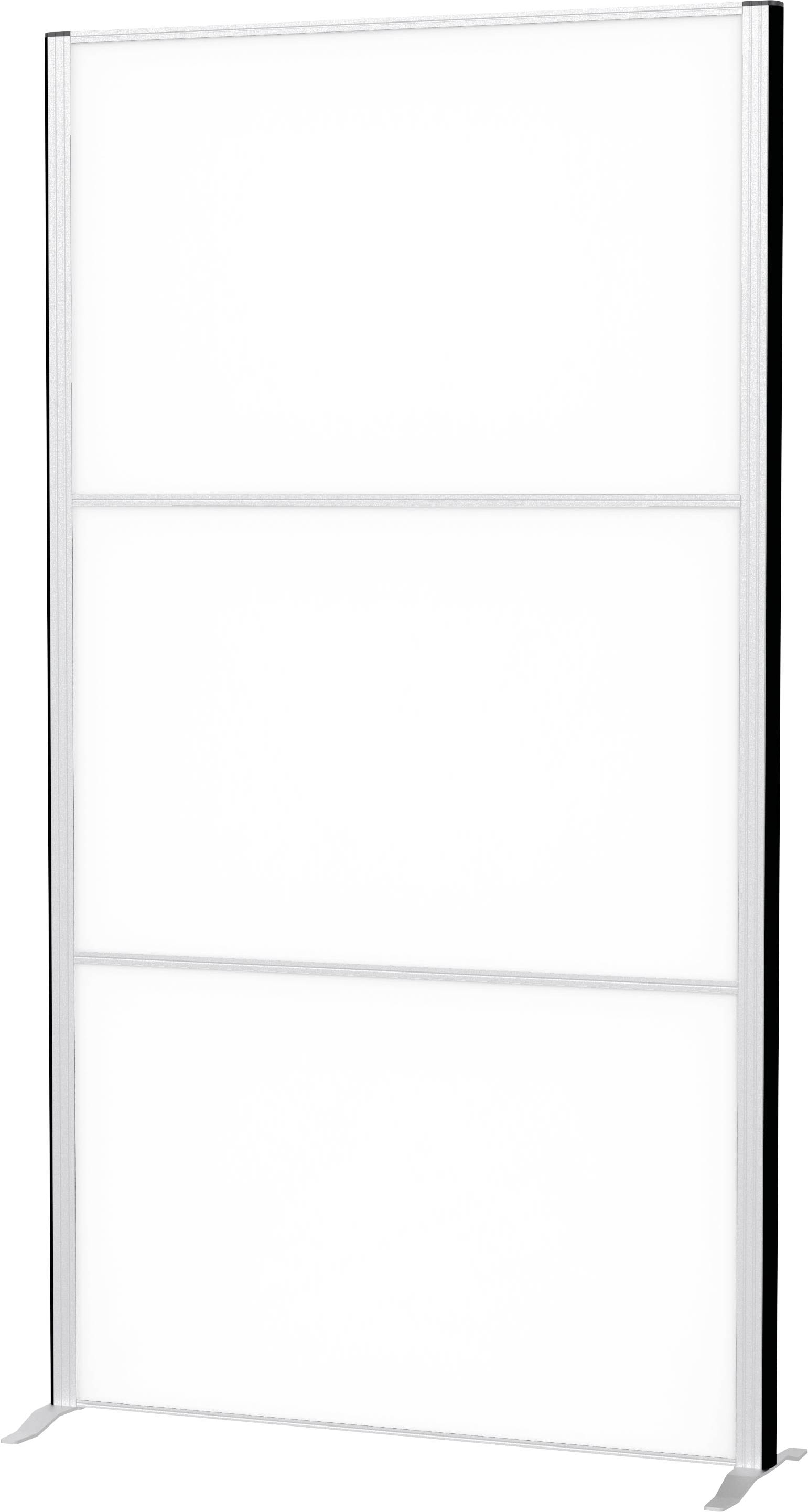 Eine freistehende, transparente Trennwand mit drei Paneelen und silbernem Rahmen, die zum Unterteilen von Räumen oder zum Schaffen von Privatsphäre in verschiedenen Umgebungen verwendet wird.