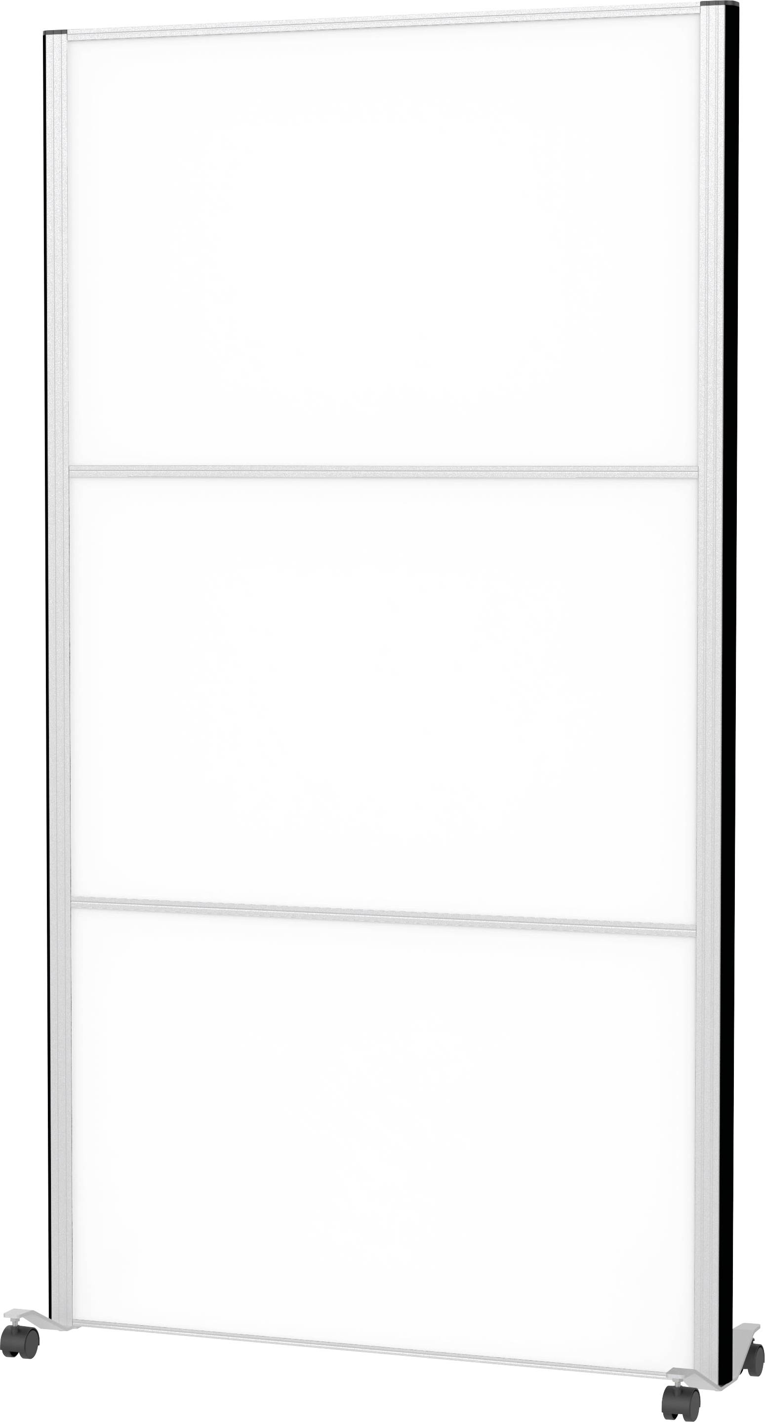 Mobiles Whiteboard mit schwarzem Rahmen, vertikal ausgerichtet, in drei Abschnitte unterteilt, geeignet für Präsentationen und Brainstorming.