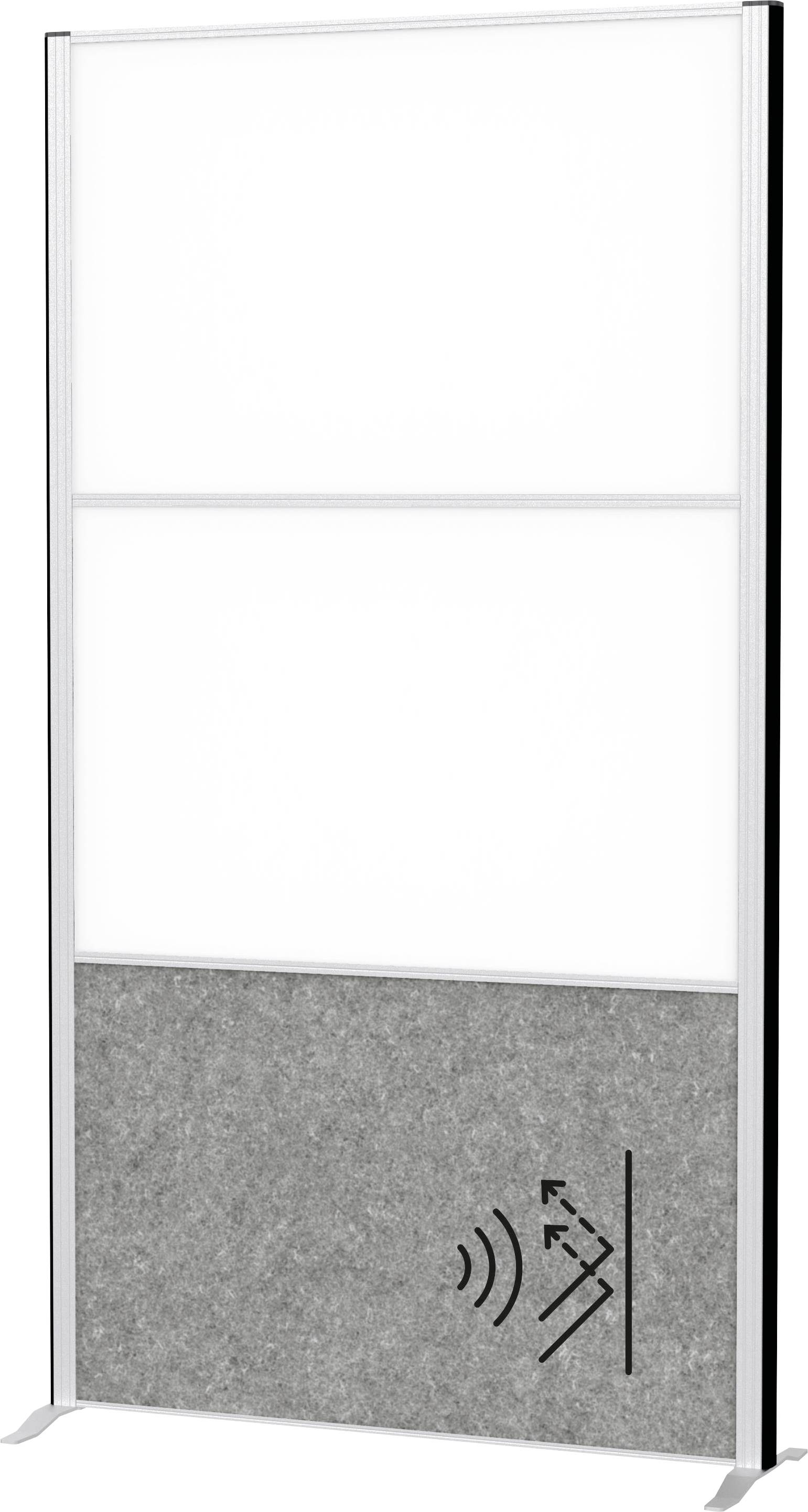 Eine freistehende Trennwand mit einem Schallwellensymbol auf einem grauen unteren Panel und einem großen weißen oberen Bereich, wahrscheinlich zur Schalldämmung verwendet.