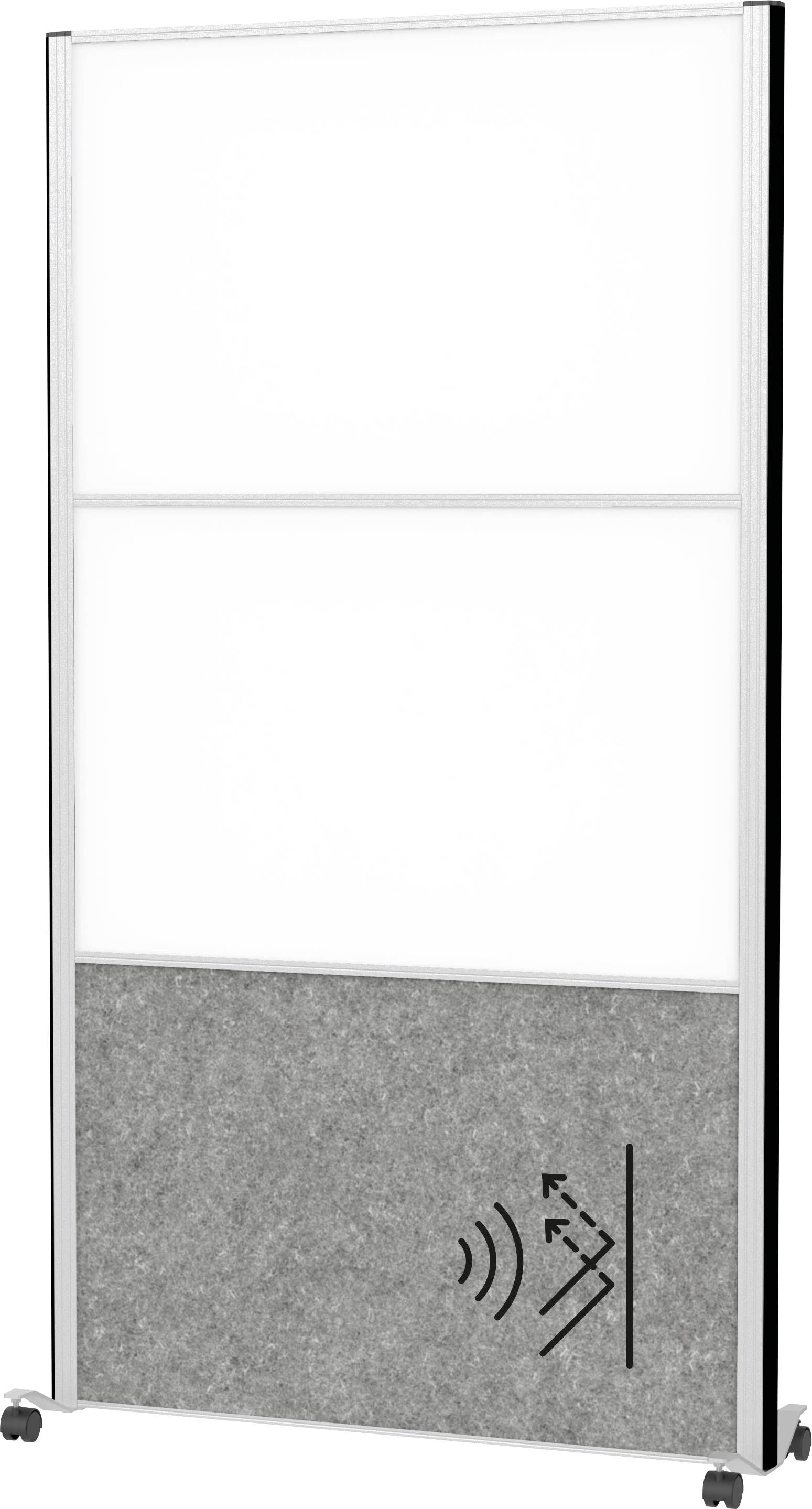 Ein tragbares Whiteboard mit einem grauen Stoffbereich am unteren Ende, das ein Schalldämpfungssymbol aufweist und sich für die Büronutzung eignet.