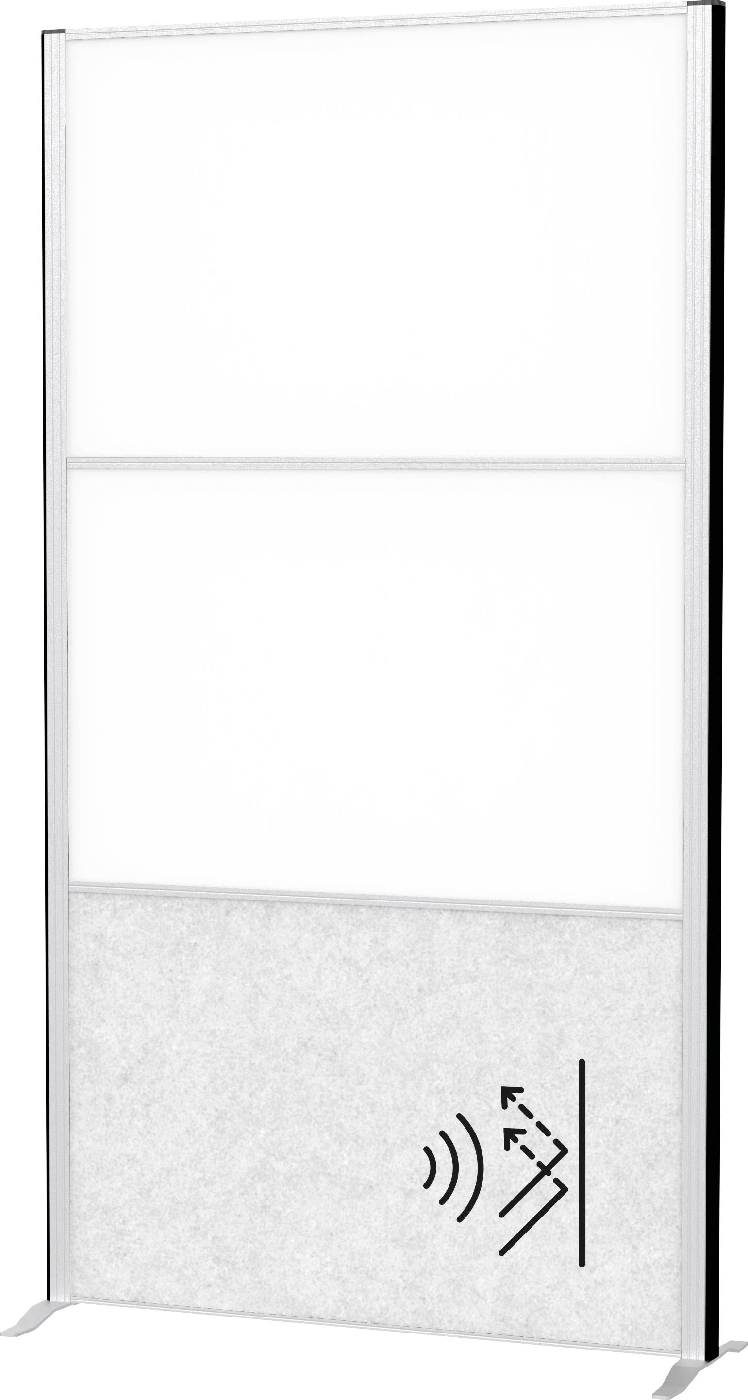 Ein rechteckiges, hohes weißes Panel mit einem grauen unteren Bereich, das ein Wi-Fi- oder Signalsymbol aufweist. Das Panel steht auf Metallfüßen.