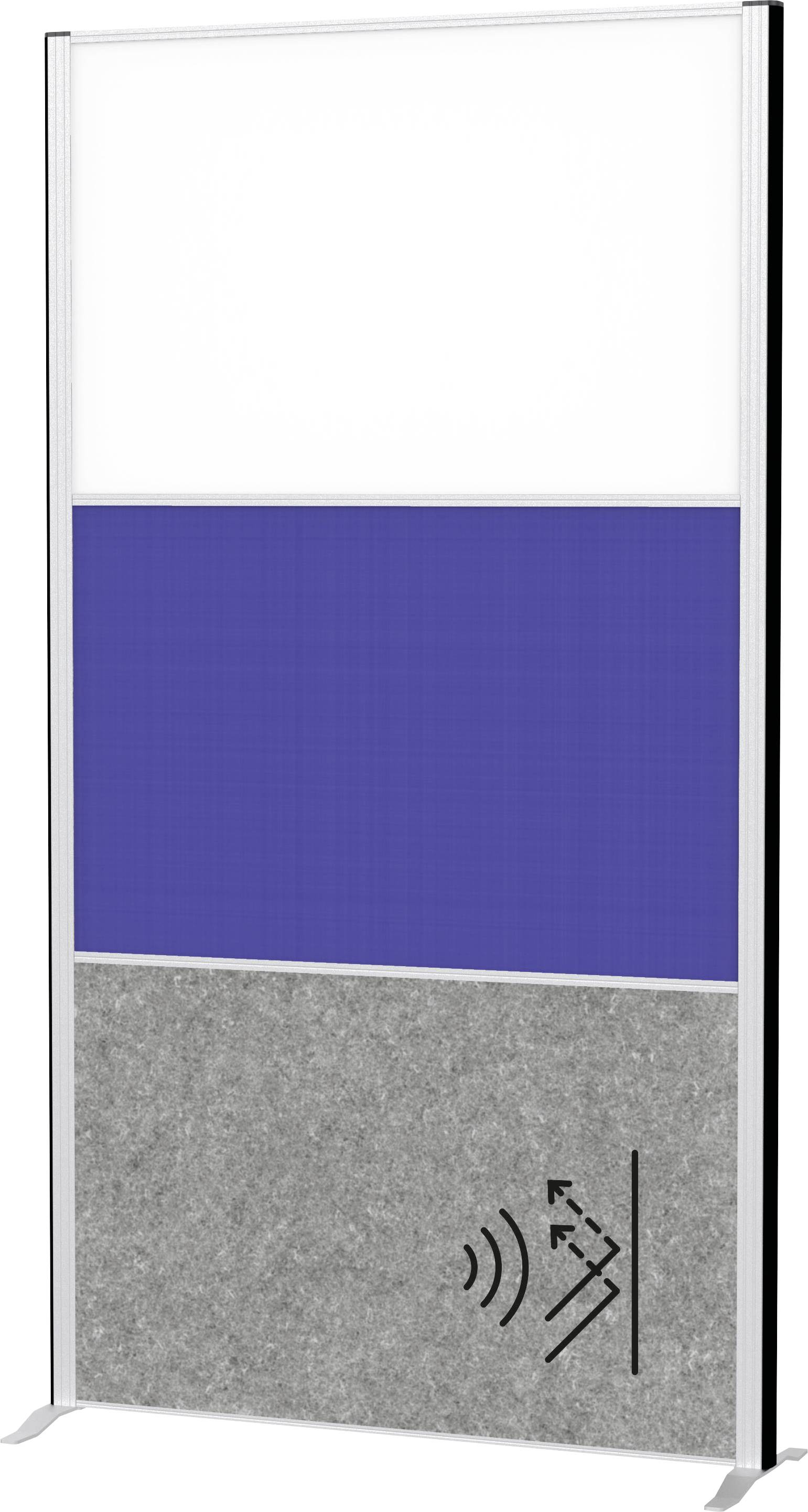 Ein schallabsorbierender Bürotrennwand-Sichtschutz mit einem blauen mittleren Bereich und grauem unteren Bereich mit einem Schallwellensymbol.