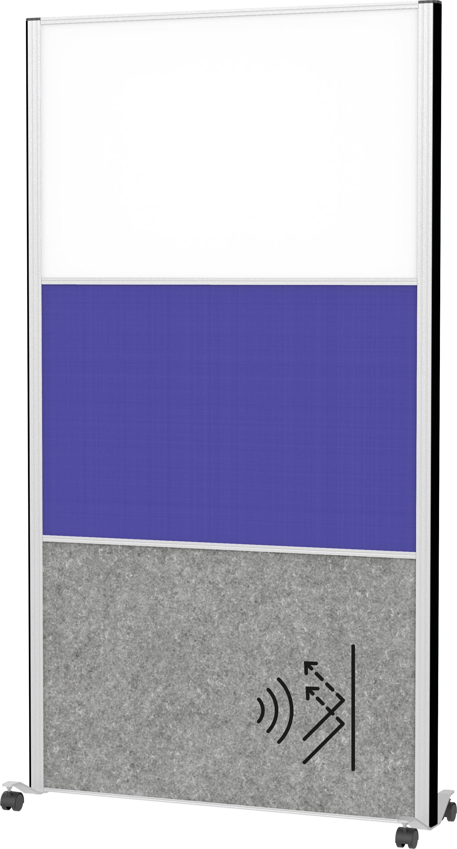 Ein tragbarer Raumteiler mit drei Paneelen: weiß, blau und grau. Das graue Paneel hat ein Schallwellen-Design, das auf akustische Eigenschaften hindeutet.