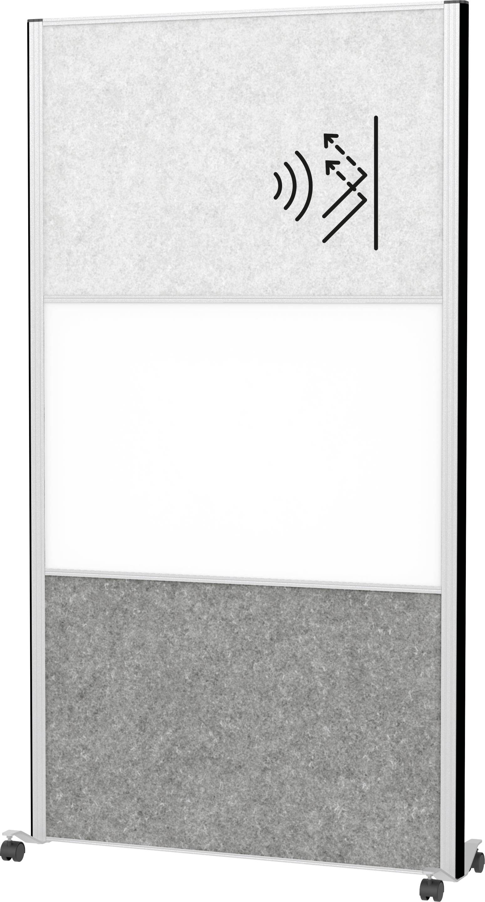 Ein tragbarer Raumteiler mit einer teilweisen Whiteboard-Oberfläche, Schallabsorptionspaneelen und einem Symbol, das die Lärmminderungsfähigkeit anzeigt.