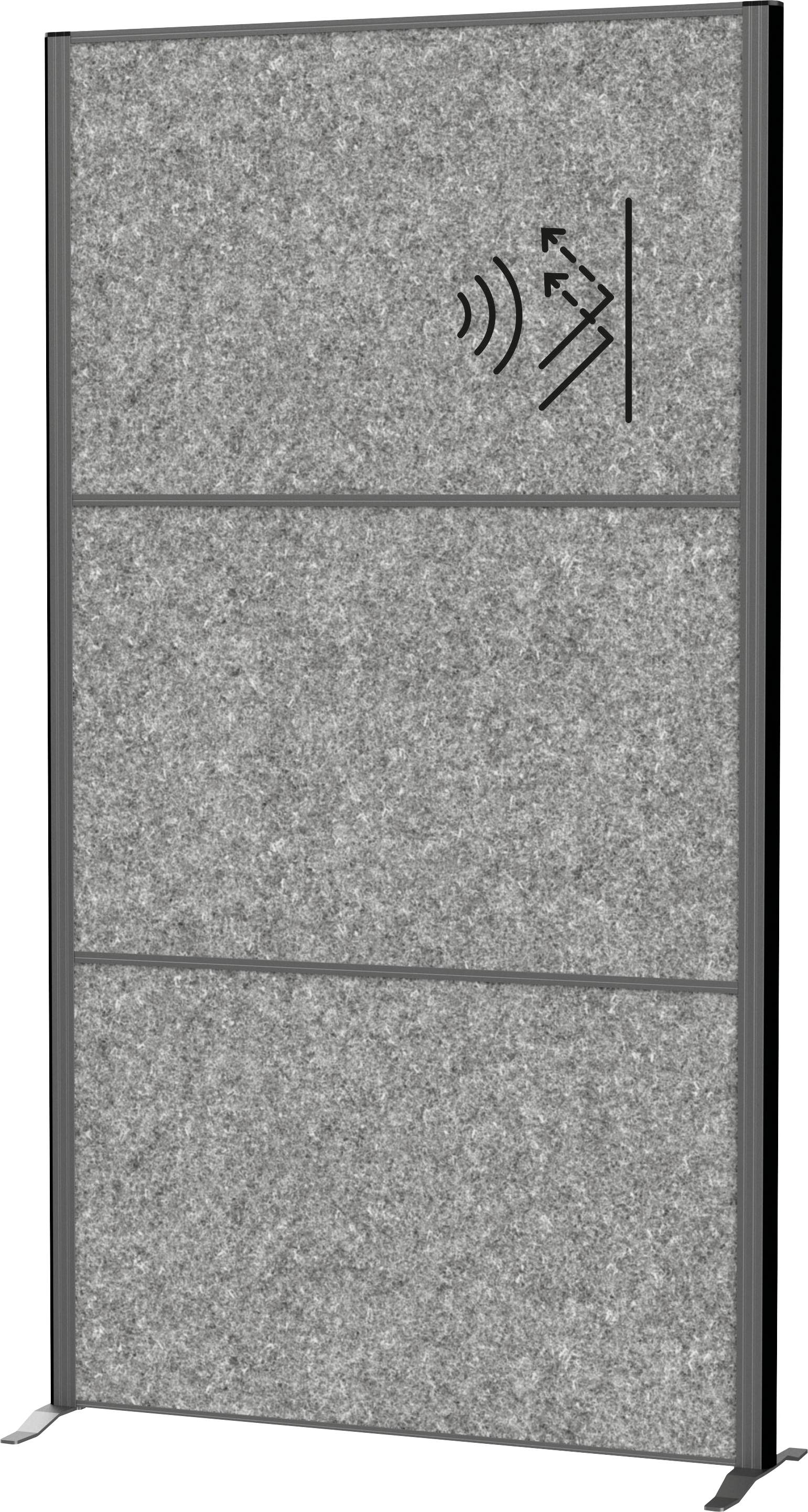 Schalldichtes graues Trennwandpaneel mit Lautsprechersymbol in der oberen rechten Ecke, entwickelt zur Lärmreduzierung in Büro- oder Studioräumen.