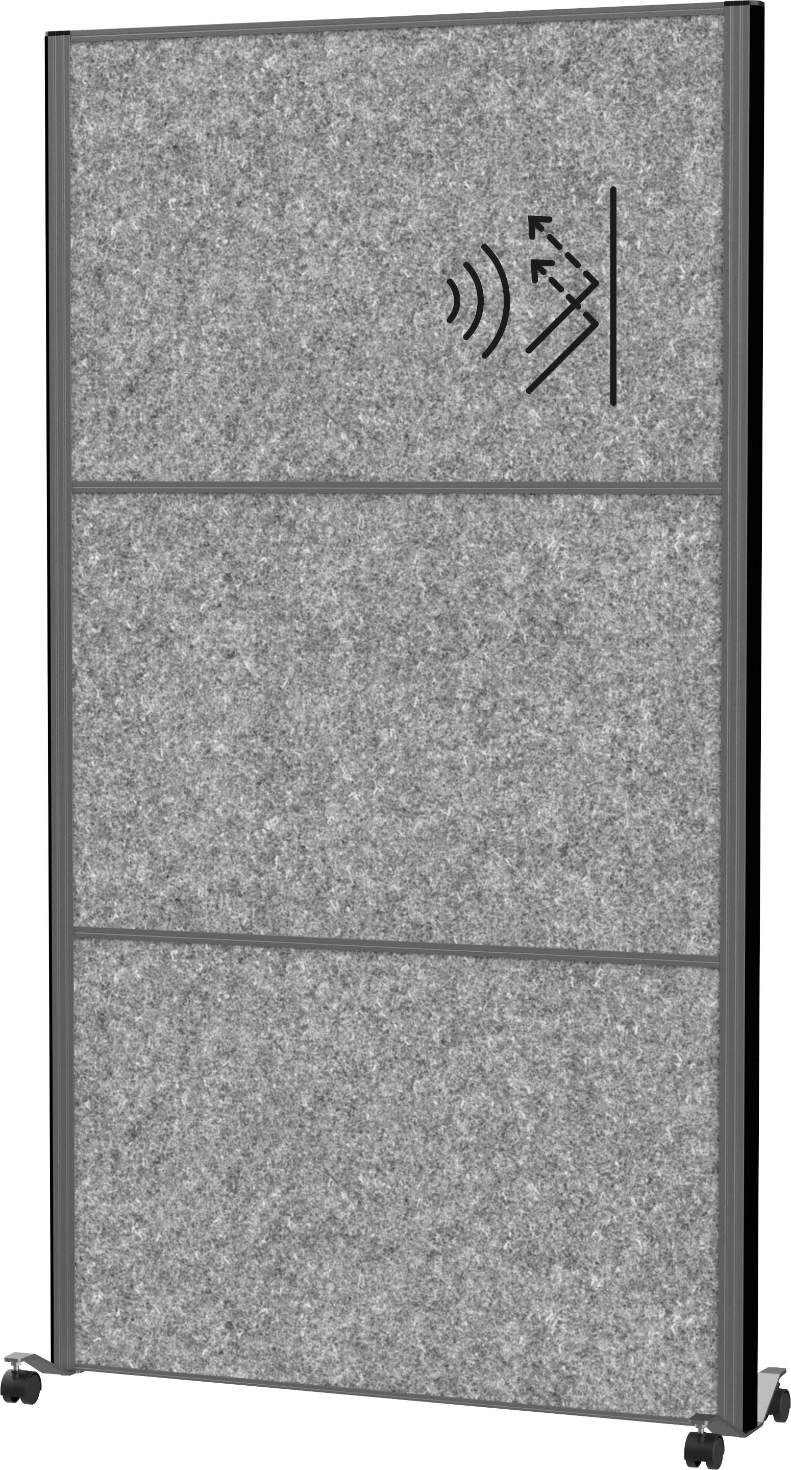 Akustikplatte auf Rollen für flexible Schalldämmungslösungen, mit einem Symbol zur Anzeige von Schallabsorptionseigenschaften.