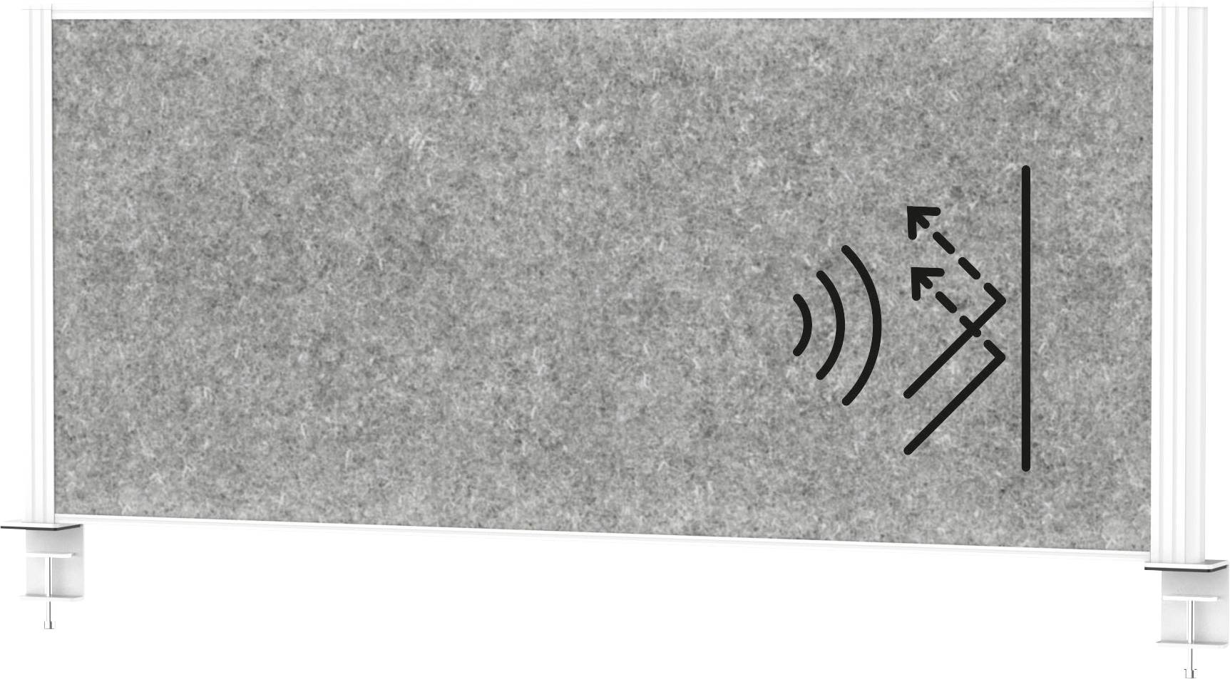Ein graues Paneel mit Schallwellensymbolen und Pfeil, das Schalldämmung andeutet, gestützt durch einen Rahmen mit kleinen Beinen an jedem Ende.