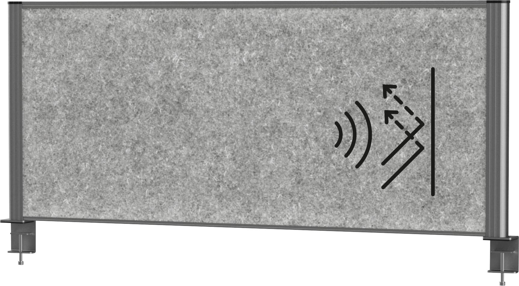 Eine graue Schallschutzbarriere mit einem Symbol, das Lärmreduktionseigenschaften anzeigt. Sie hat ein Schallwellensymbol und Pfeile, die nach rechts zeigen.