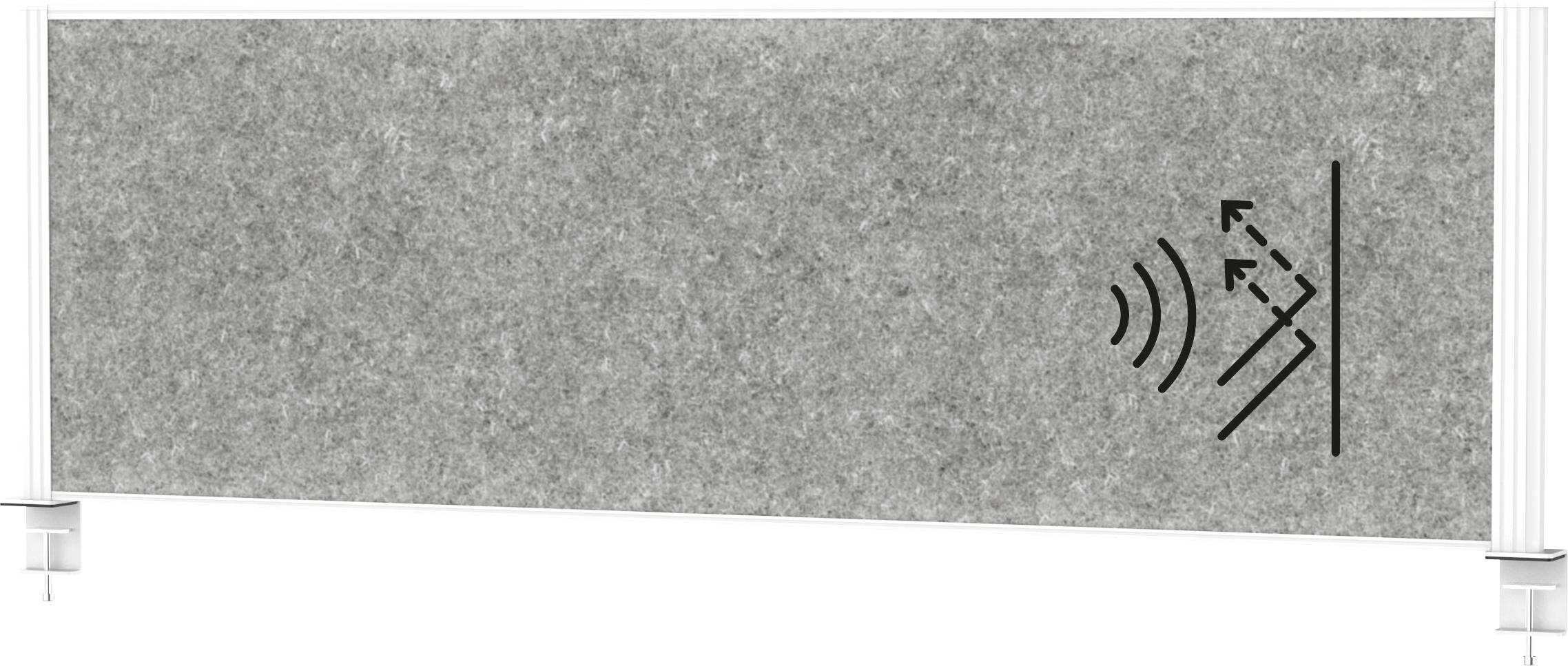 Ein graues Akustikpaneel mit einem Schallwellen-Symbol und Pfeil, das an einer Wand montiert ist und Geräuschabsorptions- oder Schalldämmungsfähigkeiten anzeigt.