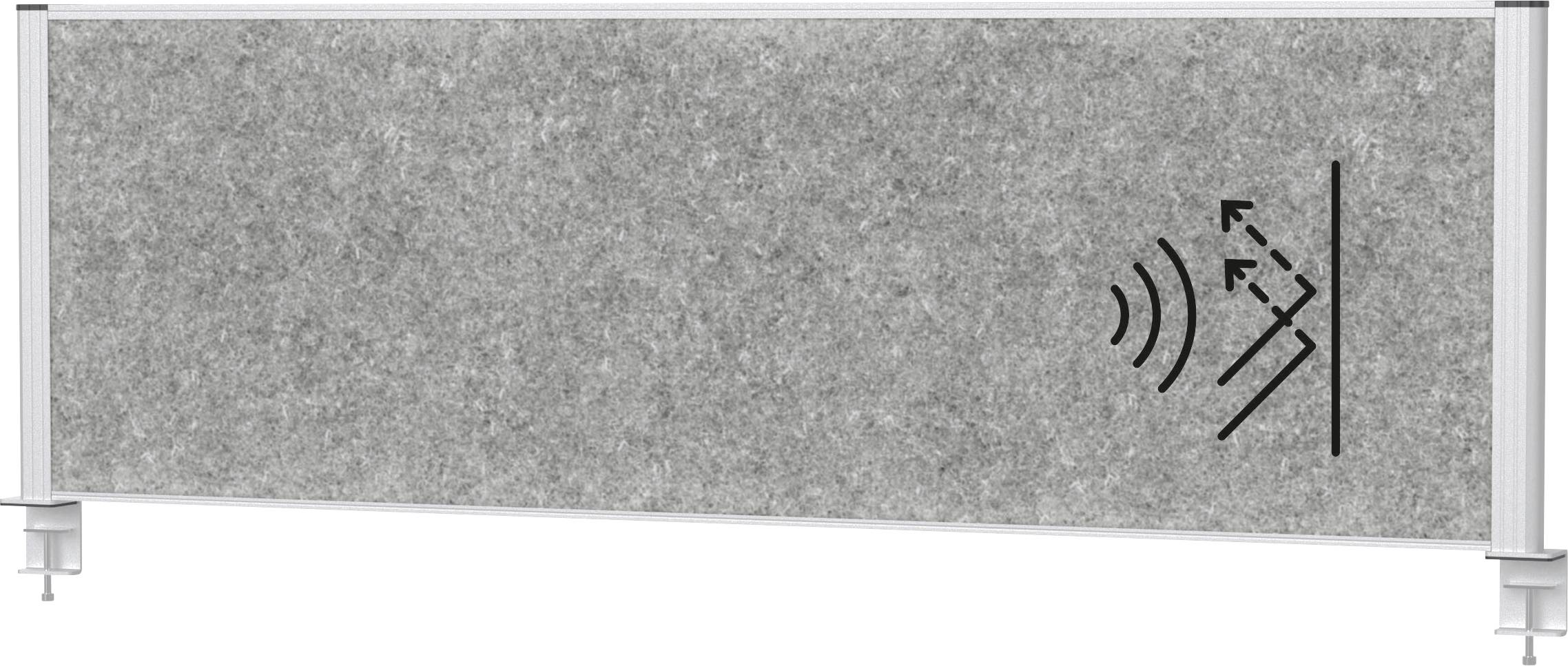 Ein grauer, rechteckiger akustischer Schreibtischteiler mit einem Schallwellen- und Pfeilsymbol, das Lärmreduktion oder Verbesserung der Privatsphäre suggeriert.