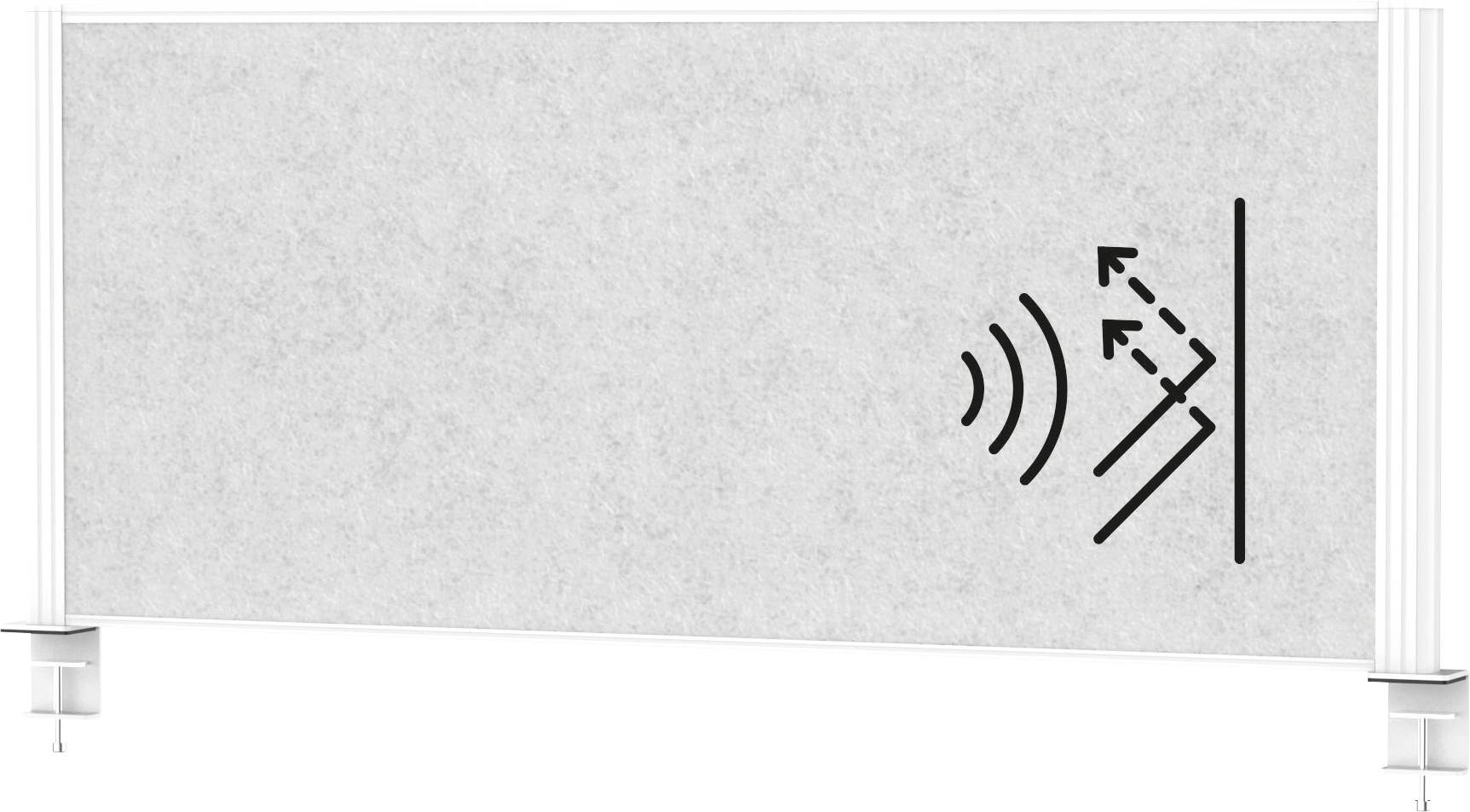 Graue Schreibtischtrennwand mit Schallwellensymbol, das schalldämmende Eigenschaften darstellt, montiert auf zwei Metallklemmen.