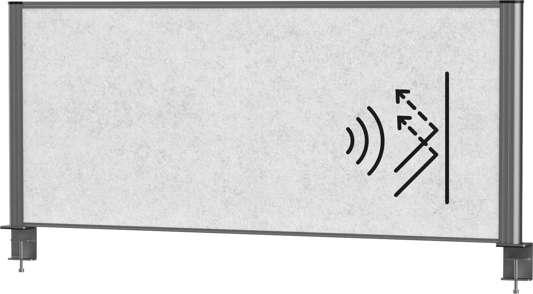 Ein rechteckiger Sichtschutzschirm mit einer Schallwellengrafik auf der rechten Seite, die akustische Eigenschaften andeutet, montiert auf kleinen Füßen.