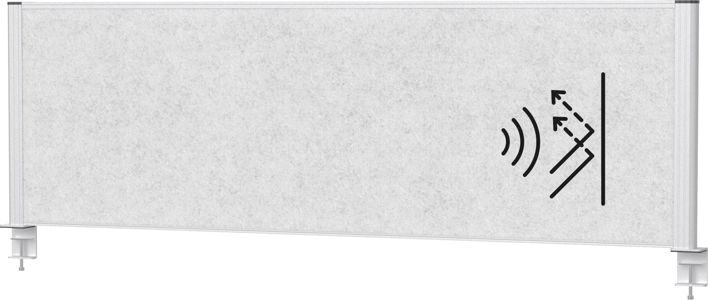 Ein graues akustisches Panel mit einem Symbol, das Schallabsorptions- und Diffusionsfähigkeiten darstellt. Das Panel ist zwischen zwei Halterungen montiert.
