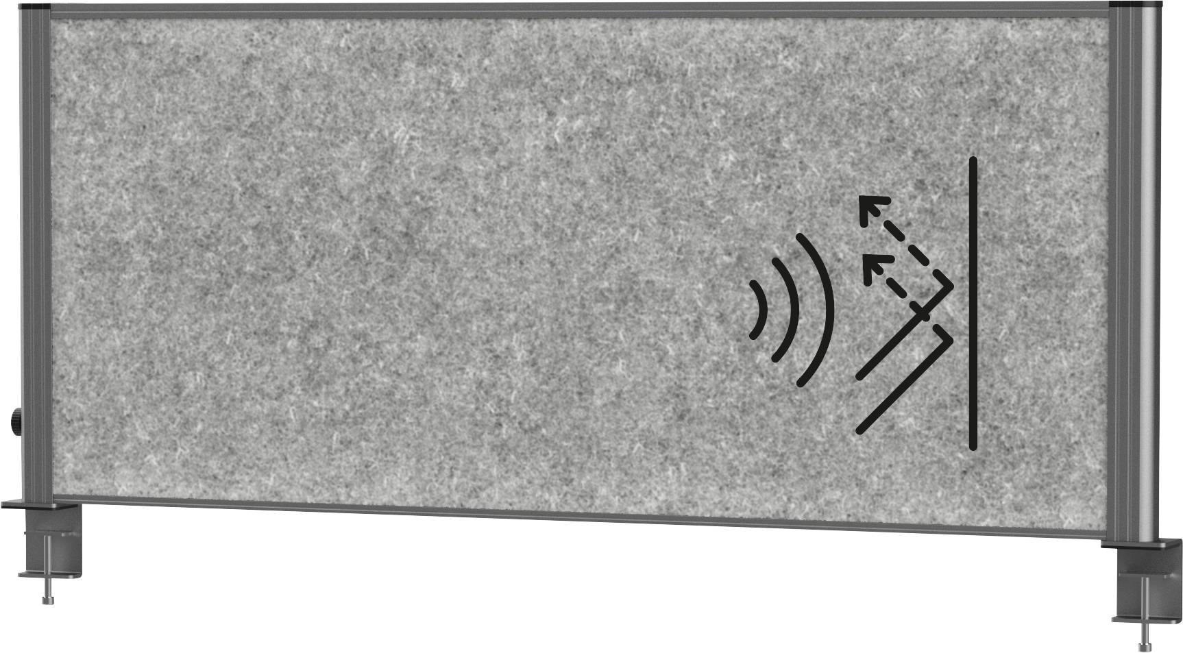 Ein graues Akustikpanel mit einem Schalldämm-Symbol, das Lärmreduzierung anzeigt. Das Panel hat ein einfaches Design mit verstellbaren Füßen.