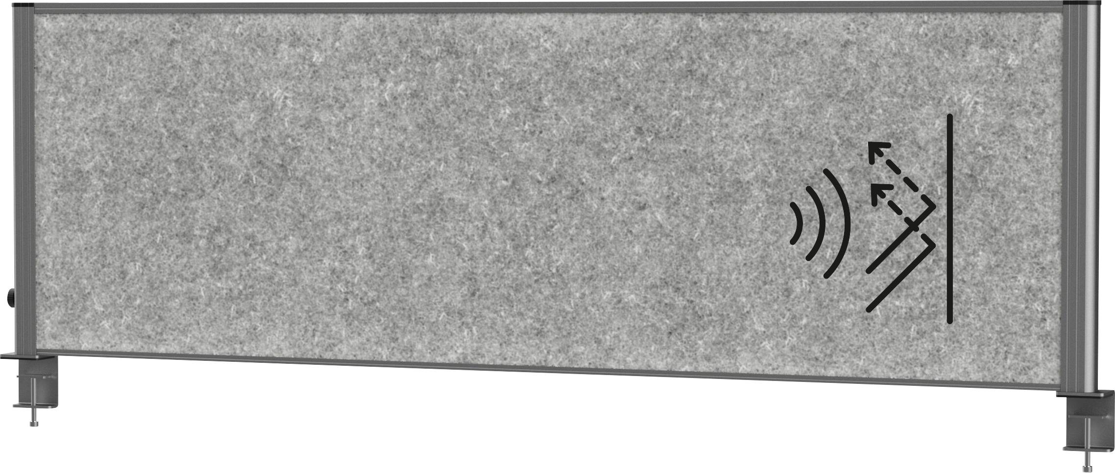 Schallabsorptives Panel mit grauer strukturierter Oberfläche und Schallwellensymbol, auf kleinen Füßen montiert, konzipiert zur Lärmreduktion.