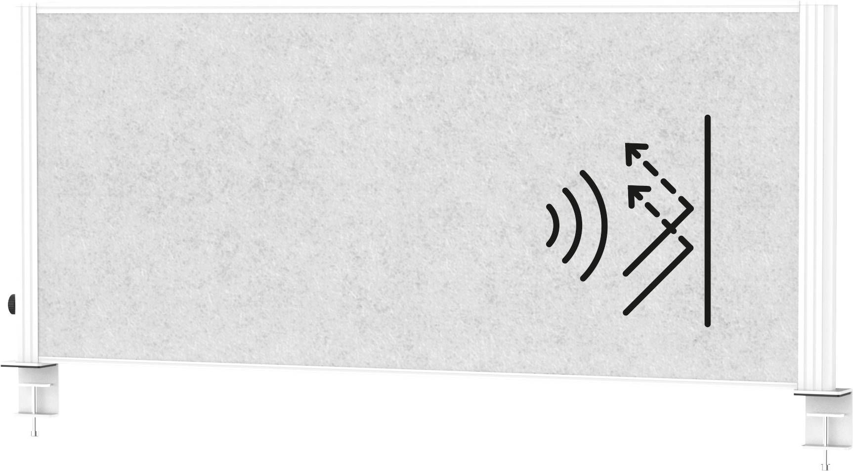 Ein schalldämmendes Panel mit minimalistischem Design wird angezeigt. Es verfügt über eine Schallwellen-Grafik, die die Lärmschutzfunktionalität anzeigt.