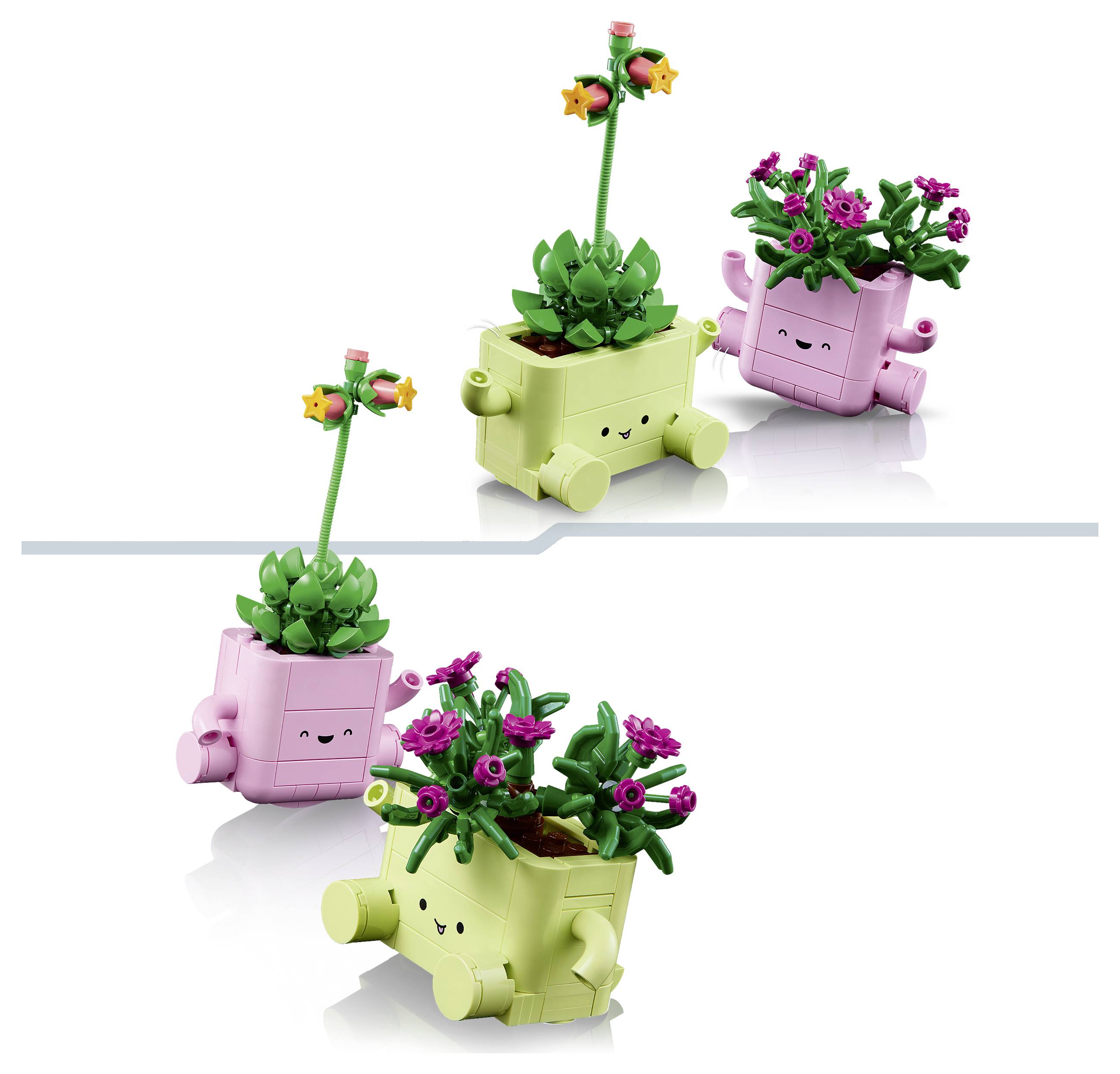 Zwei LEGO-ähnliche lächelnde Blumenkübel-Charaktere in Pink und Limonengrün, jeder mit Blumen und Blättern gekrönt, in zwei Posen auf weißem Hintergrund gezeigt.
