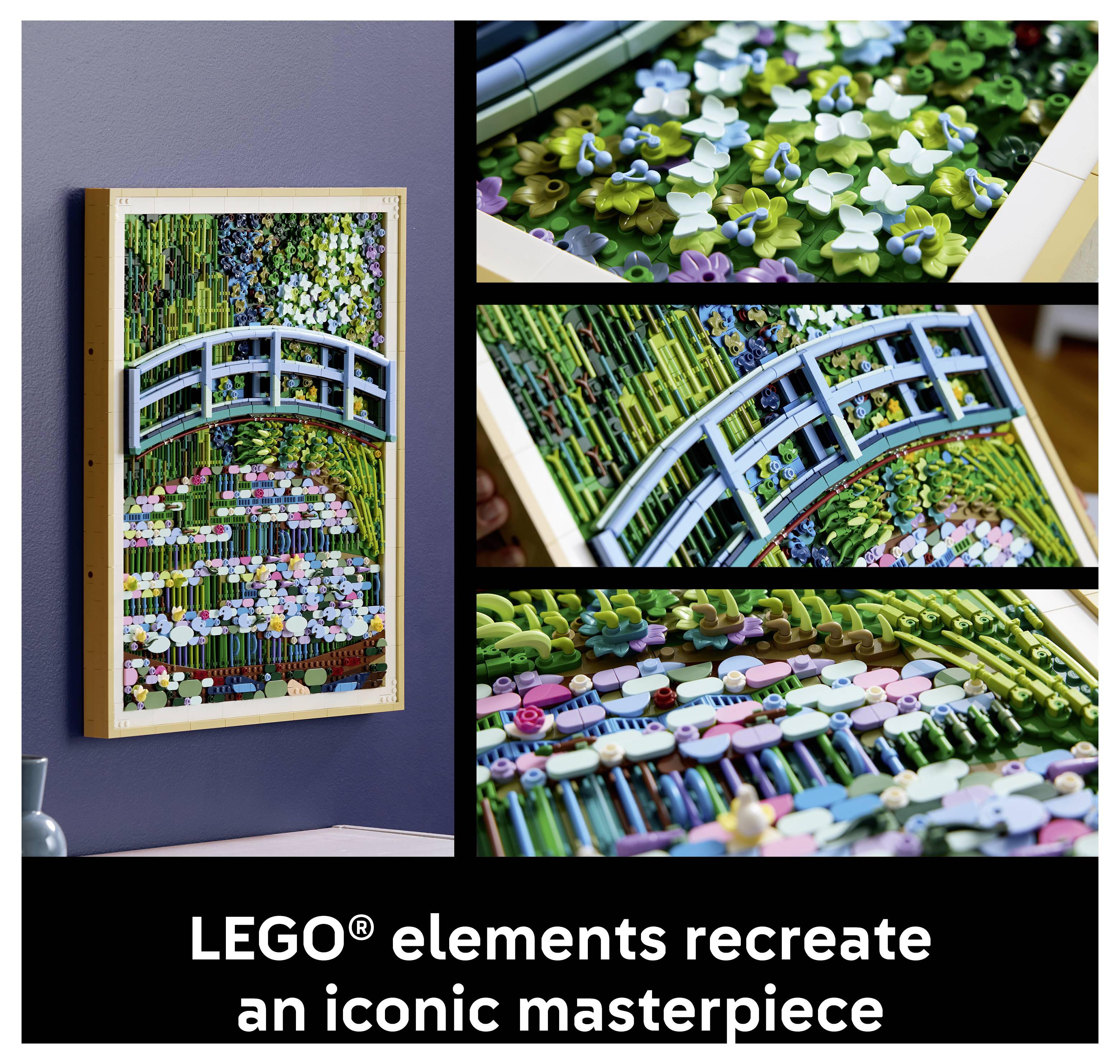 »LEGO®-Elemente schaffen ein ikonisches Meisterwerk neu« mit Nahaufnahmen von einem LEGO-basierten Kunstwerk, das Monets Seerosen ähnelt.
