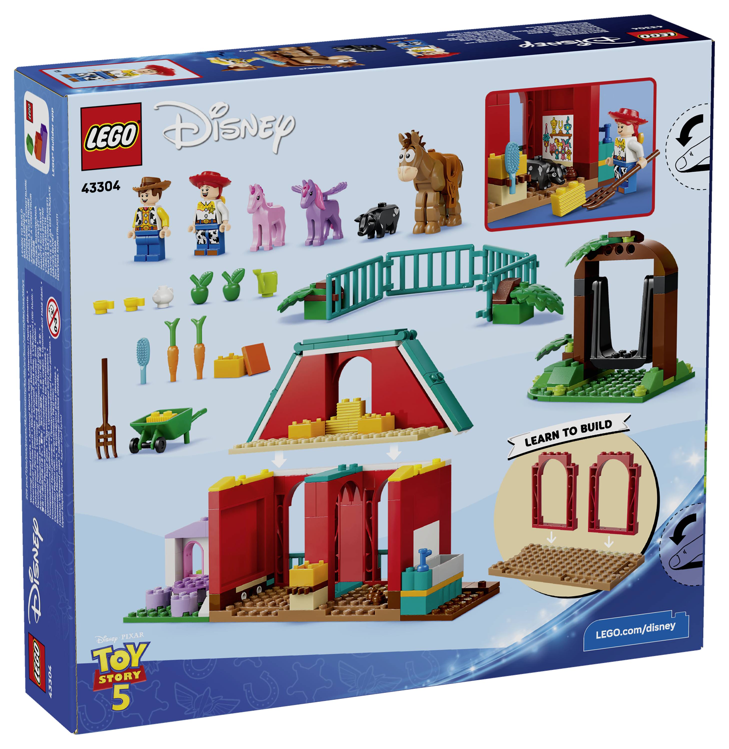 LEGO Disney Toy Story 5 Baukasten-Box mit Figuren, Tieren, Zubehör und Beispielkonstruktionen einschließlich einer Brücke, eines Torbogens und einer Szene aus dem Film.