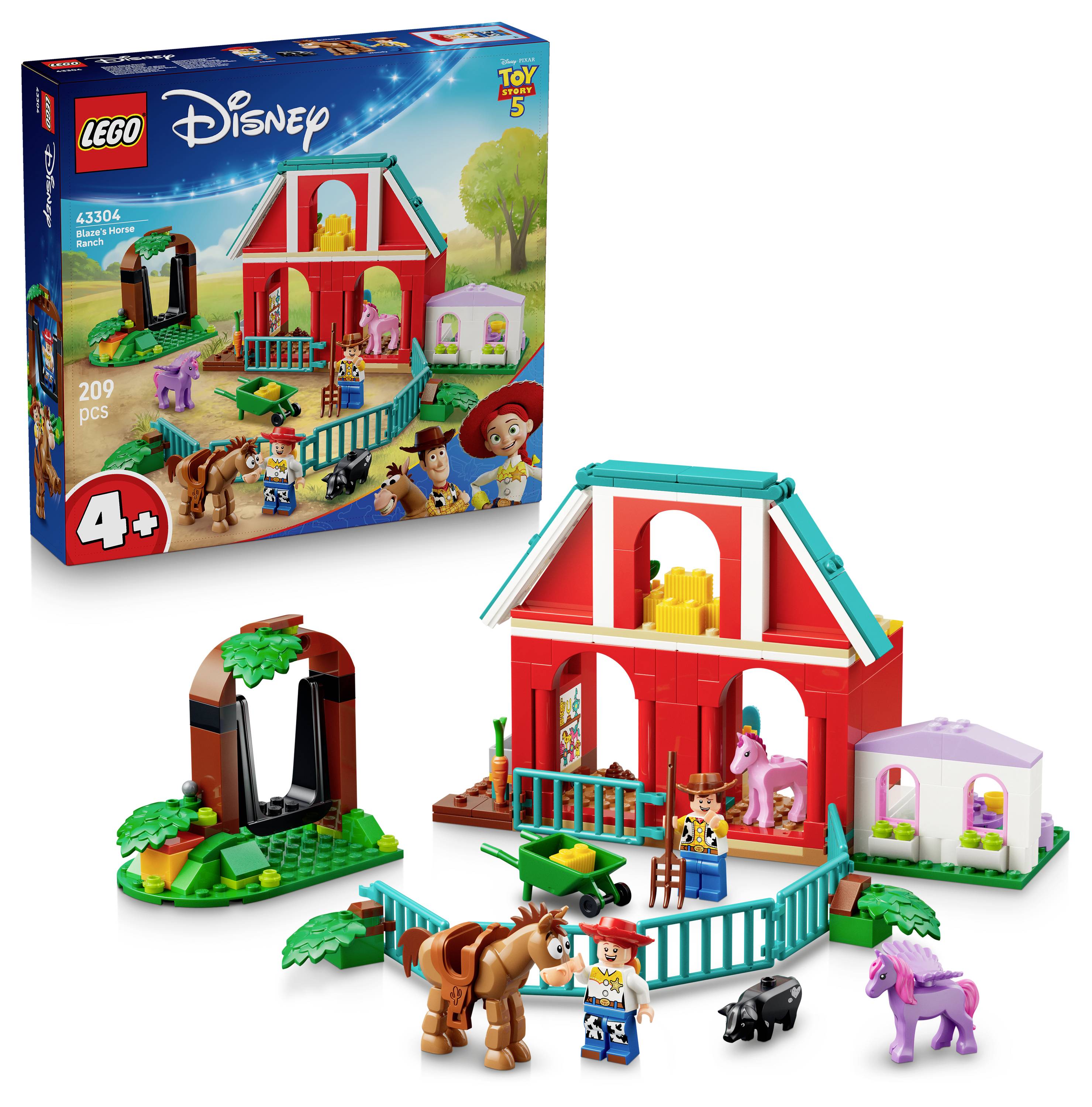 LEGO Disney Toy Story 4+ Bauernhof-Spielset mit Verpackung, rote Scheune, Zaun, Figuren, Pferd und kleine Tierfiguren auf weißem Hintergrund dargestellt.