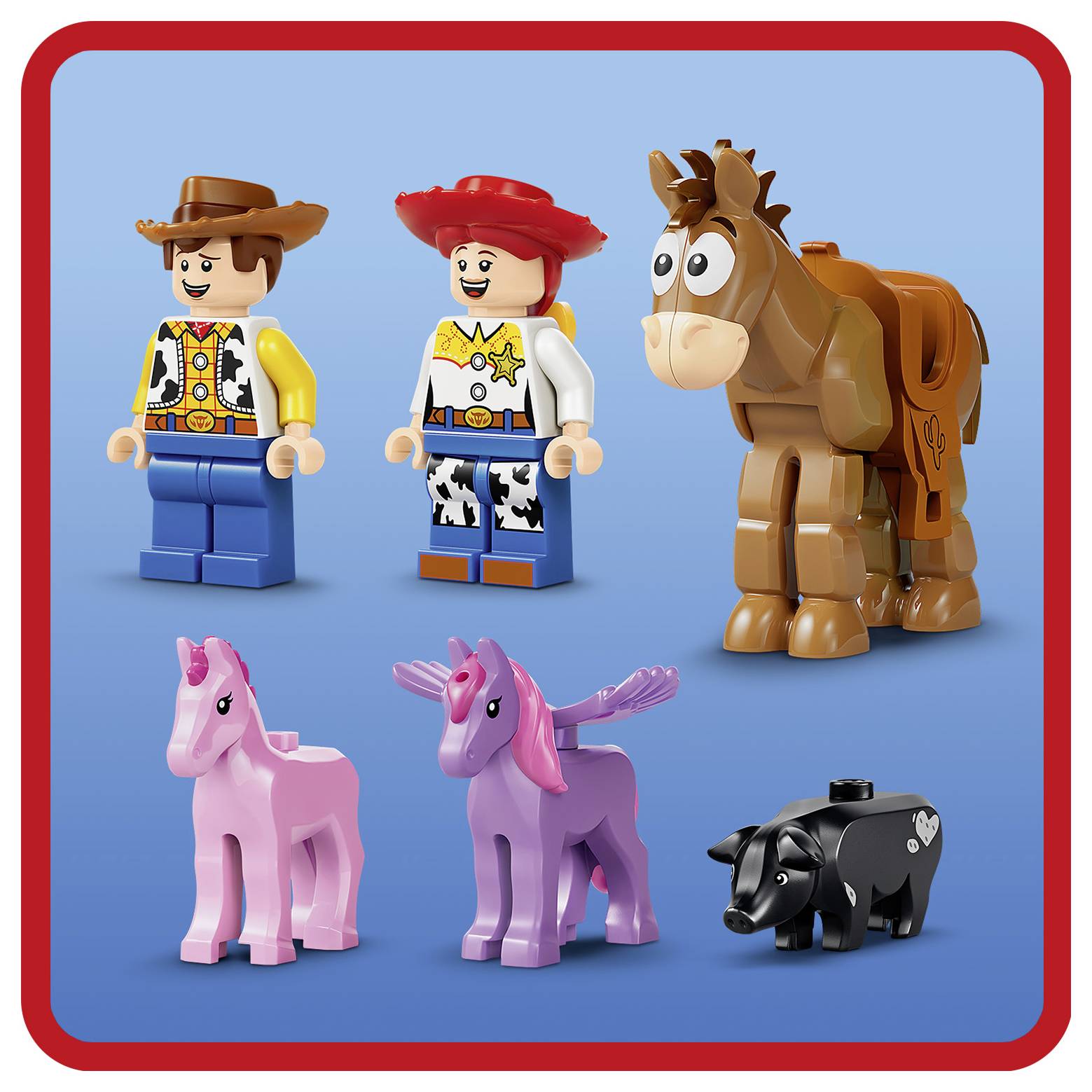 Spielzeugset mit zwei Cowboy-Minifiguren, einem braunen Pferd, zwei rosa Ponys und einer schwarzen Kuh auf blauem Hintergrund mit rotem Rand.