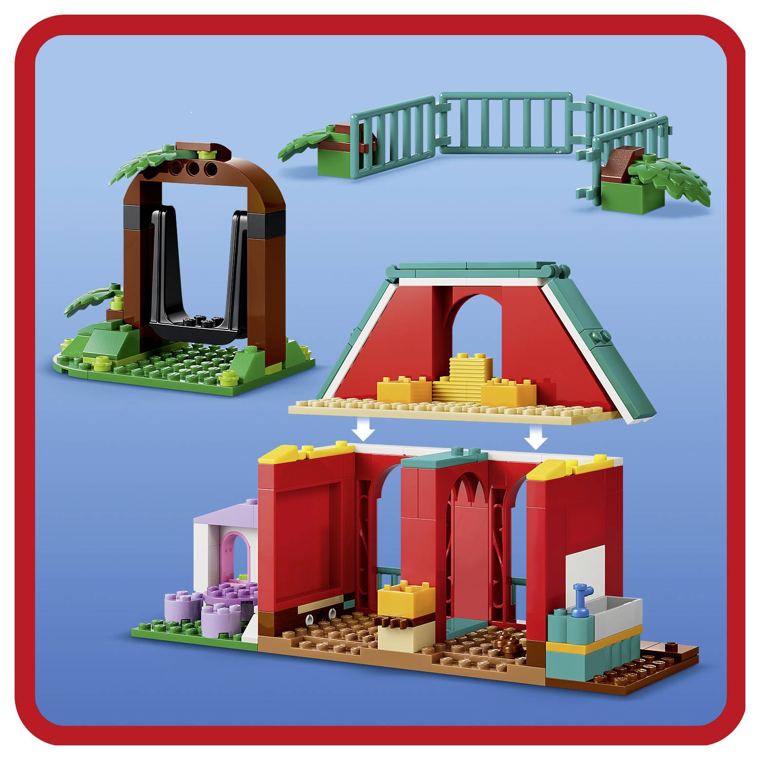 Illustrierte LEGO-ähnliche Baukasten-Set mit drei austauschbaren Spielstrukturen: ein rankenbedeckter Torbogen, eine grüne Brücke und ein rotes hausähnliches Gebäude mit Innenräumen und Treppen.