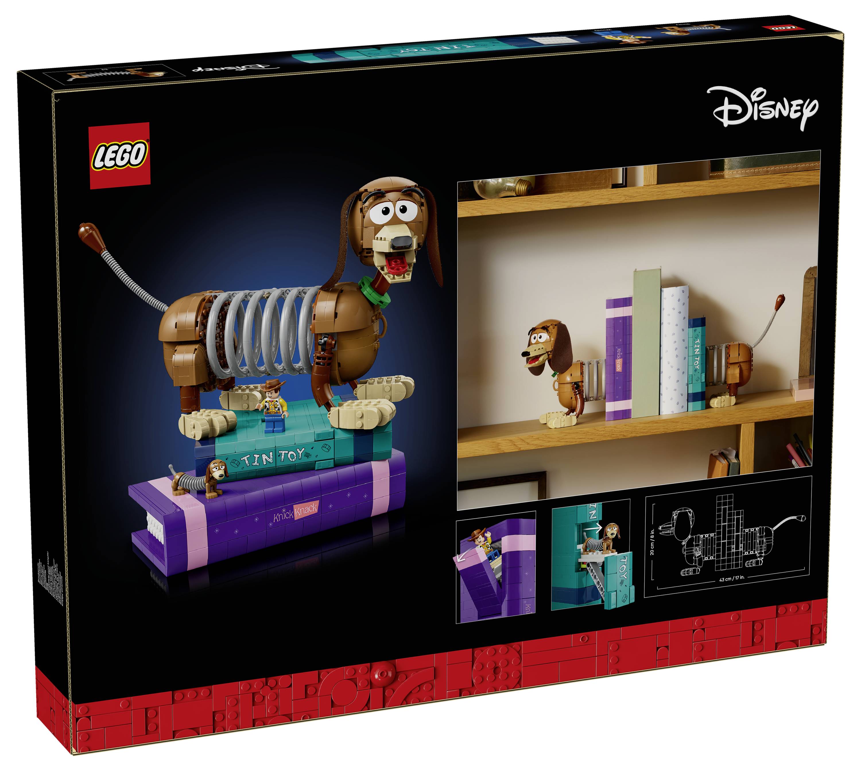 LEGO Disney 'Blechspielzeug' Bauset-Schachtel mit einer Spielzeughundfigur und einer Bücherregal-Ausstellungsszene.