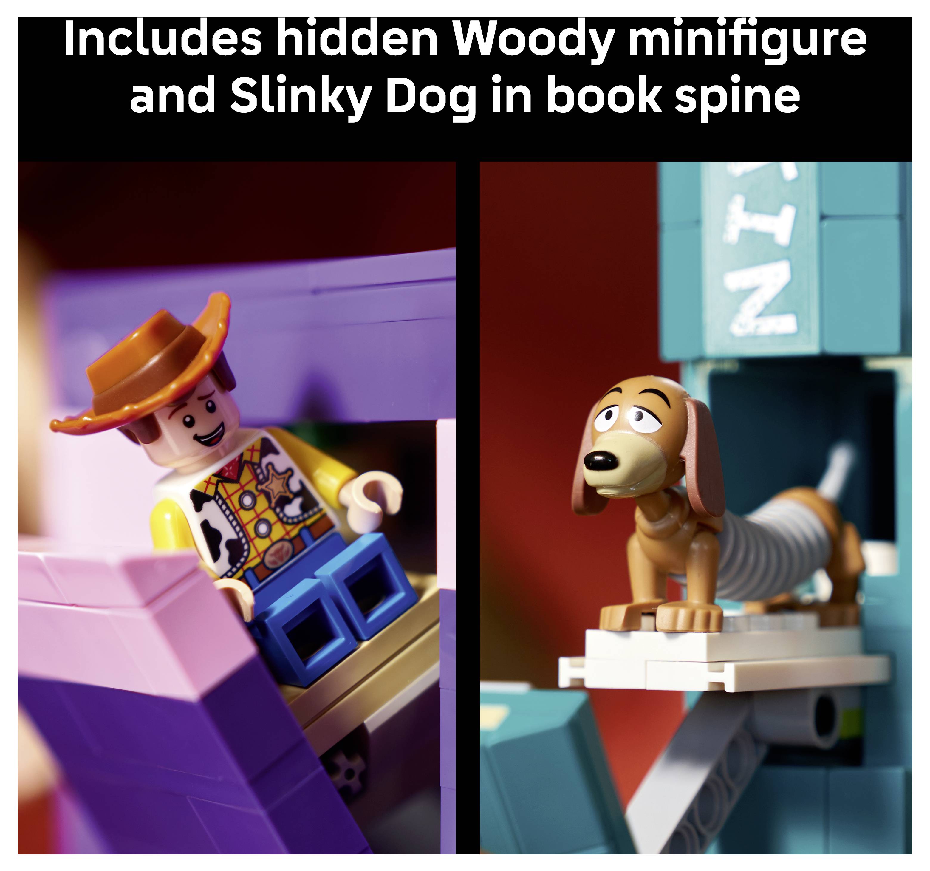 Geteiltes Bild mit einer versteckten LEGO-Woody-Minifigur in einem Buchrücken auf der linken Seite und Slinky Dog in einem Buchrücken auf der rechten Seite; die Bildunterschrift besagt „Enthält versteckte Woody-Minifigur und Slinky Dog im Buchrücken