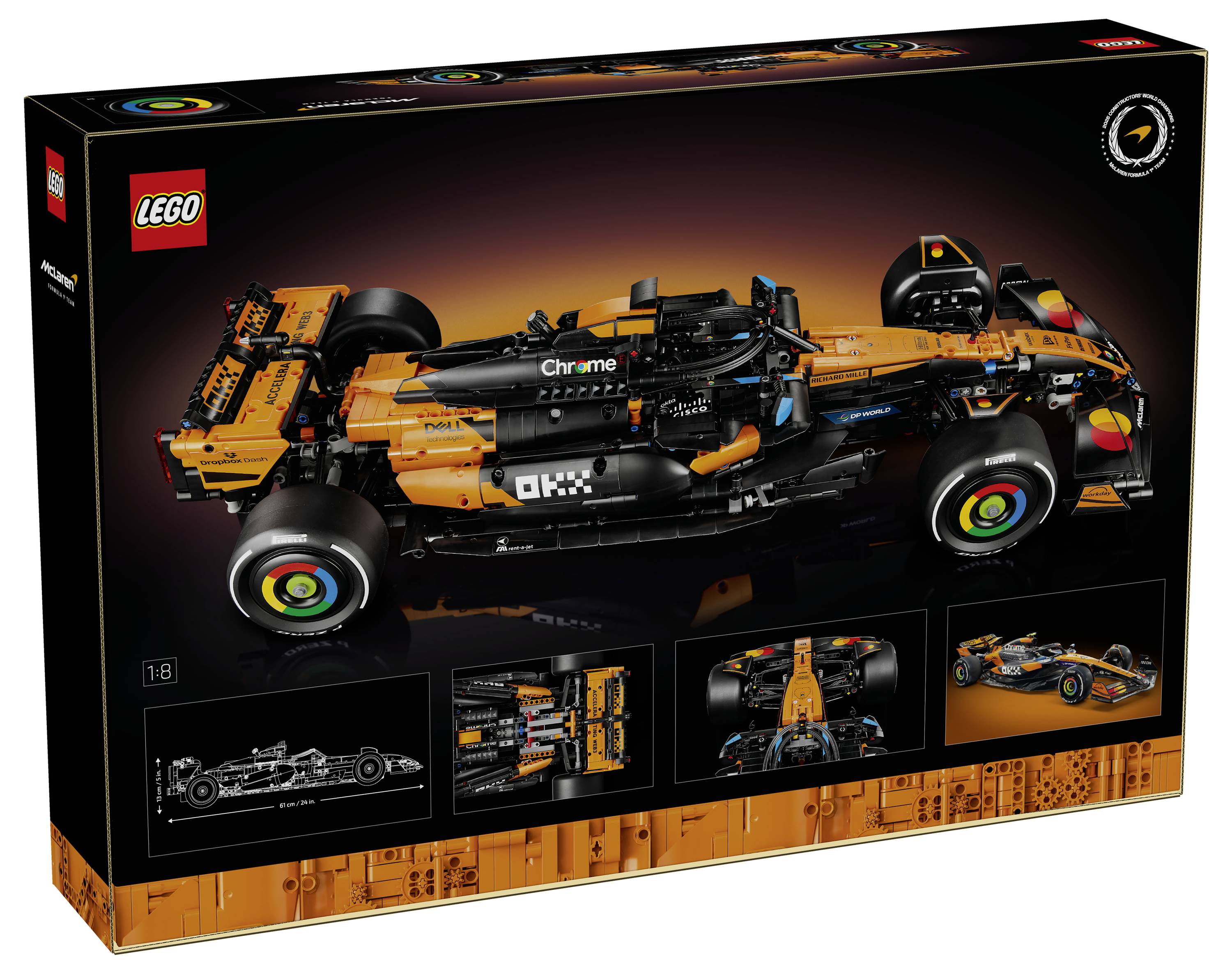 LEGO-Kartonage mit einem detaillierten Modell eines McLaren Formel-1-Wagens in Schwarz und Orange. Enthält Bilder des Modells aus verschiedenen Blickwinkeln.