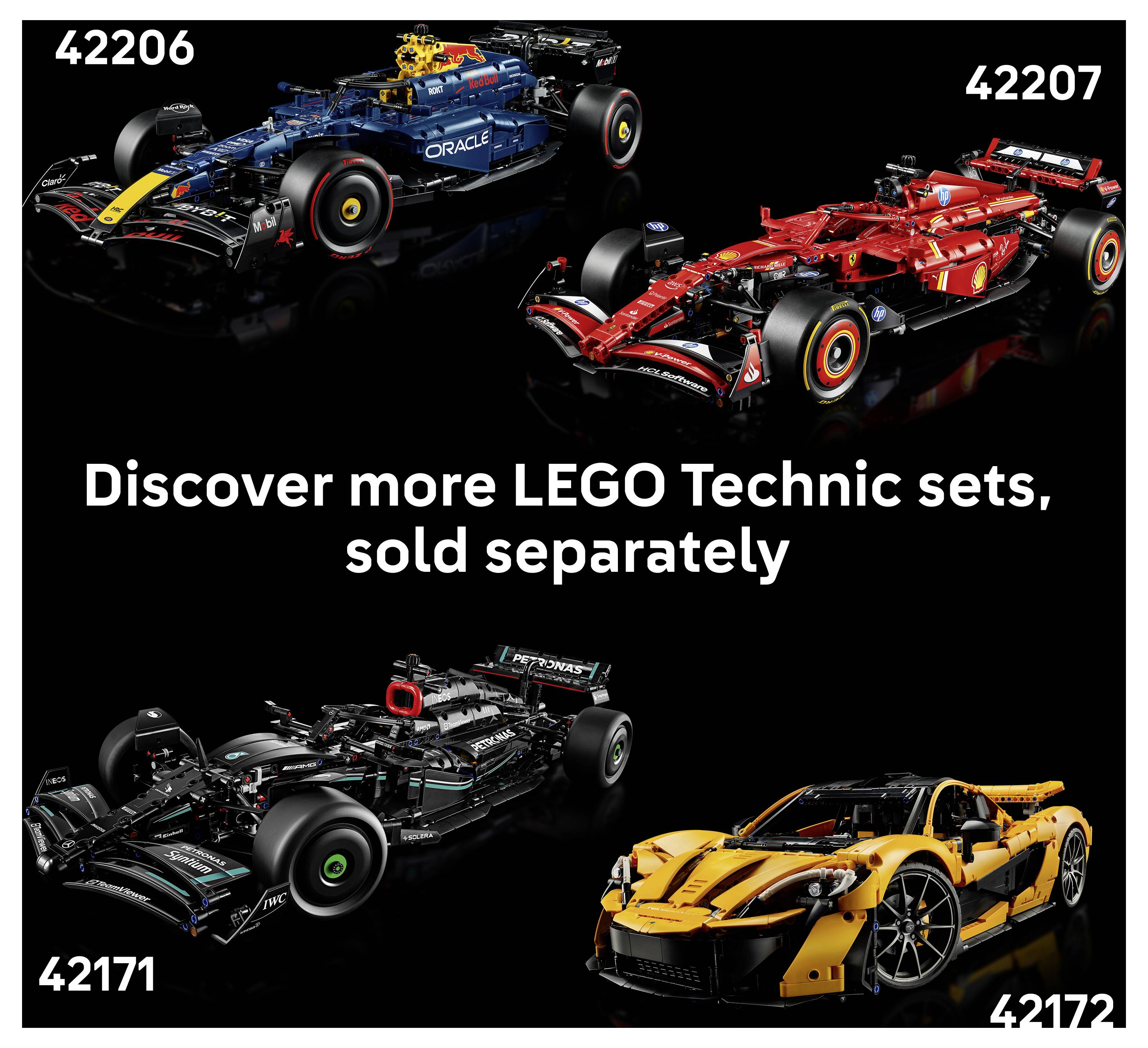 LEGO Technic Modelle von Rennwagen auf schwarzem Hintergrund, beschriftet mit den Set-Nummern 42206, 42207, 42171, 42172. Text: „Entdecken Sie mehr LEGO Technic Sets, separat erhältlich.