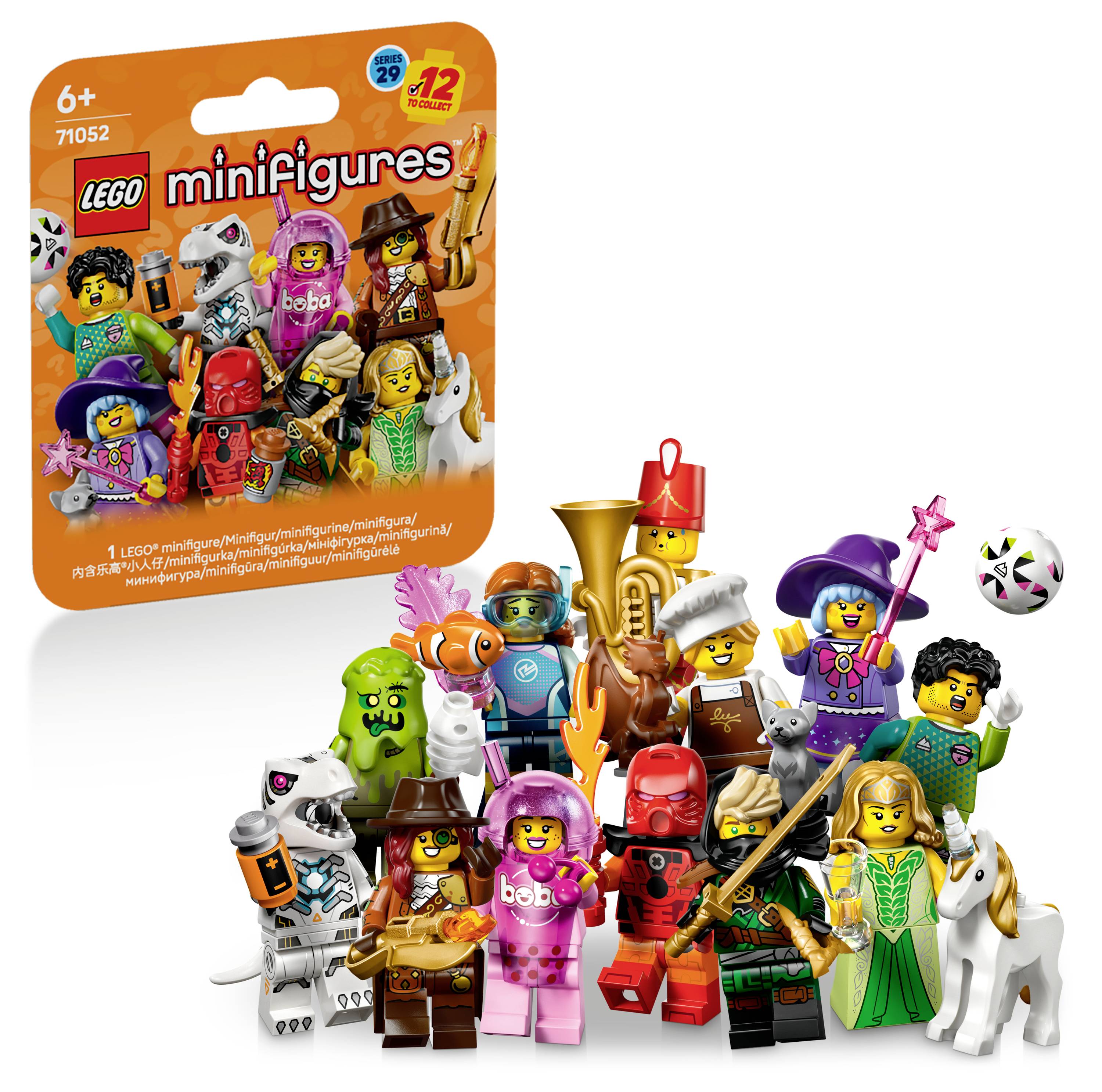 LEGO Minifiguren Serie 29 Blindbox-Verpackung, dargestellt mit verschiedenen sammelbaren Minifiguren, die darunter auf weißem Hintergrund angeordnet sind.